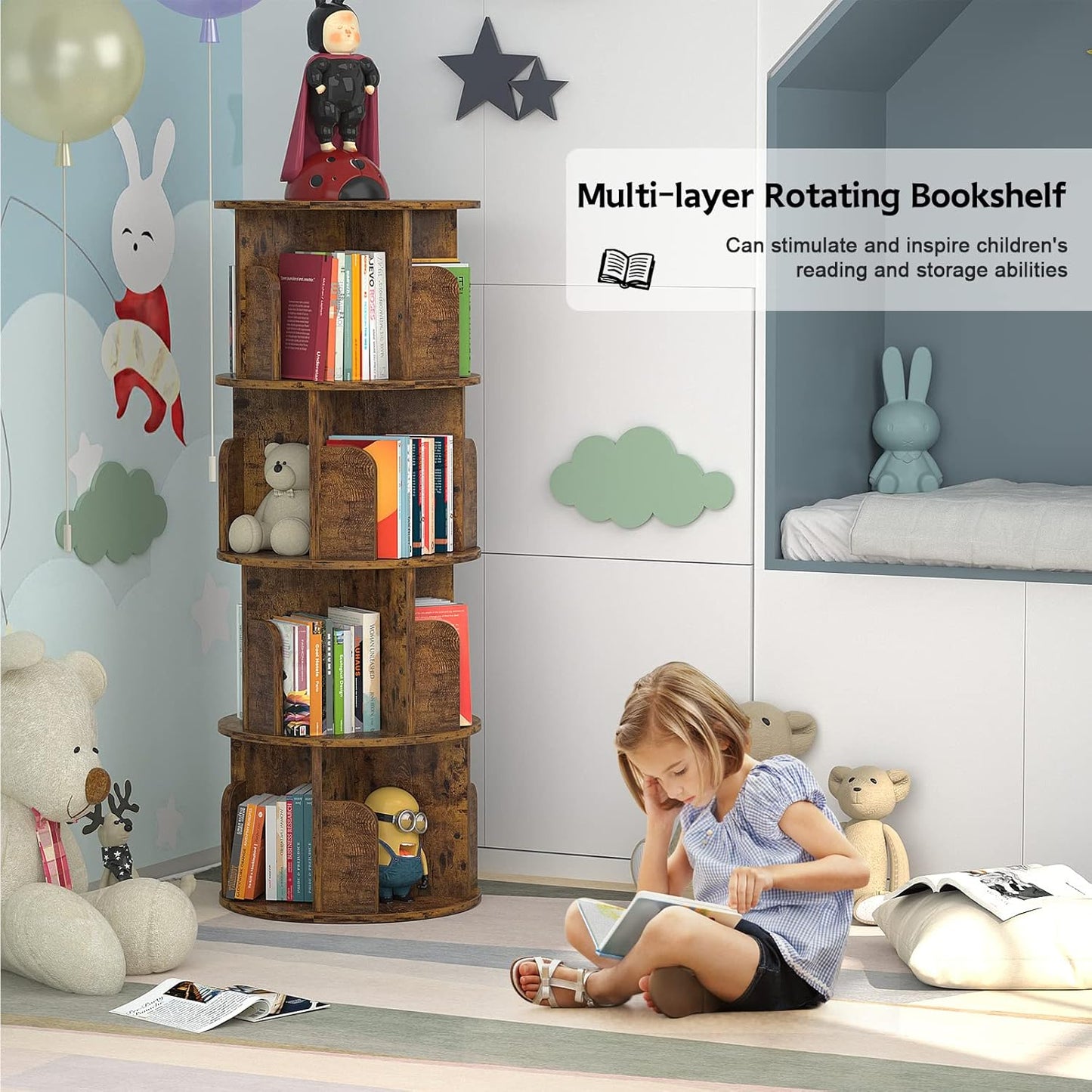 Aheaplus Rotating Bookshelf, Small Corner Bookshelf for Small Space, 360 Display 4 Tier Floor Standing Bookcase Storage Rack, Wood Narrow Book Shelf Organizer for Bedroom, Living Room, Rustic Brown