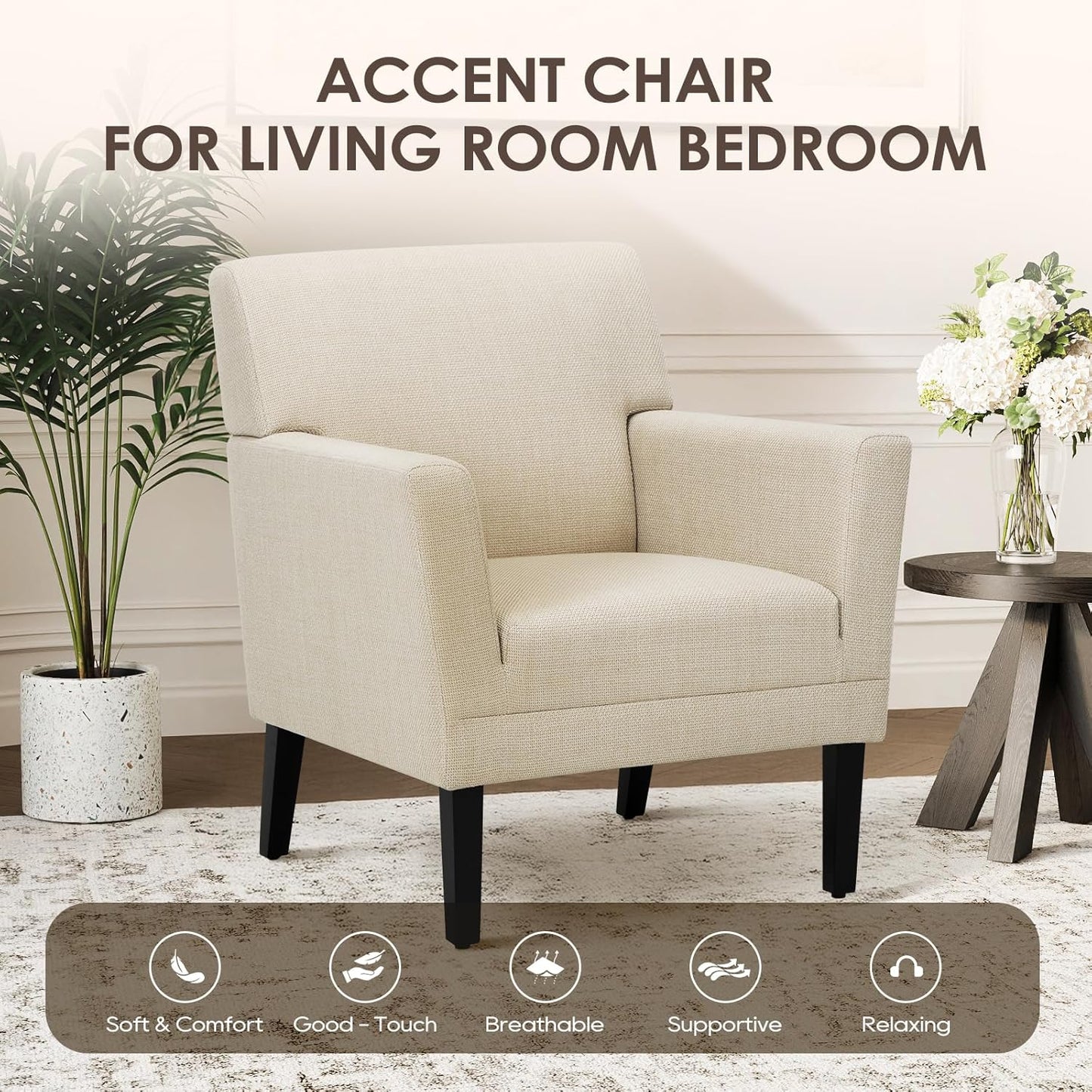 COLAMY Modern Accent Chair for Living Room, Upholstered Fabric Accent Armchair with Back, Soft Single Sofa Chair with Arms for Bedroom/Office/Reception Room, Oatmeal