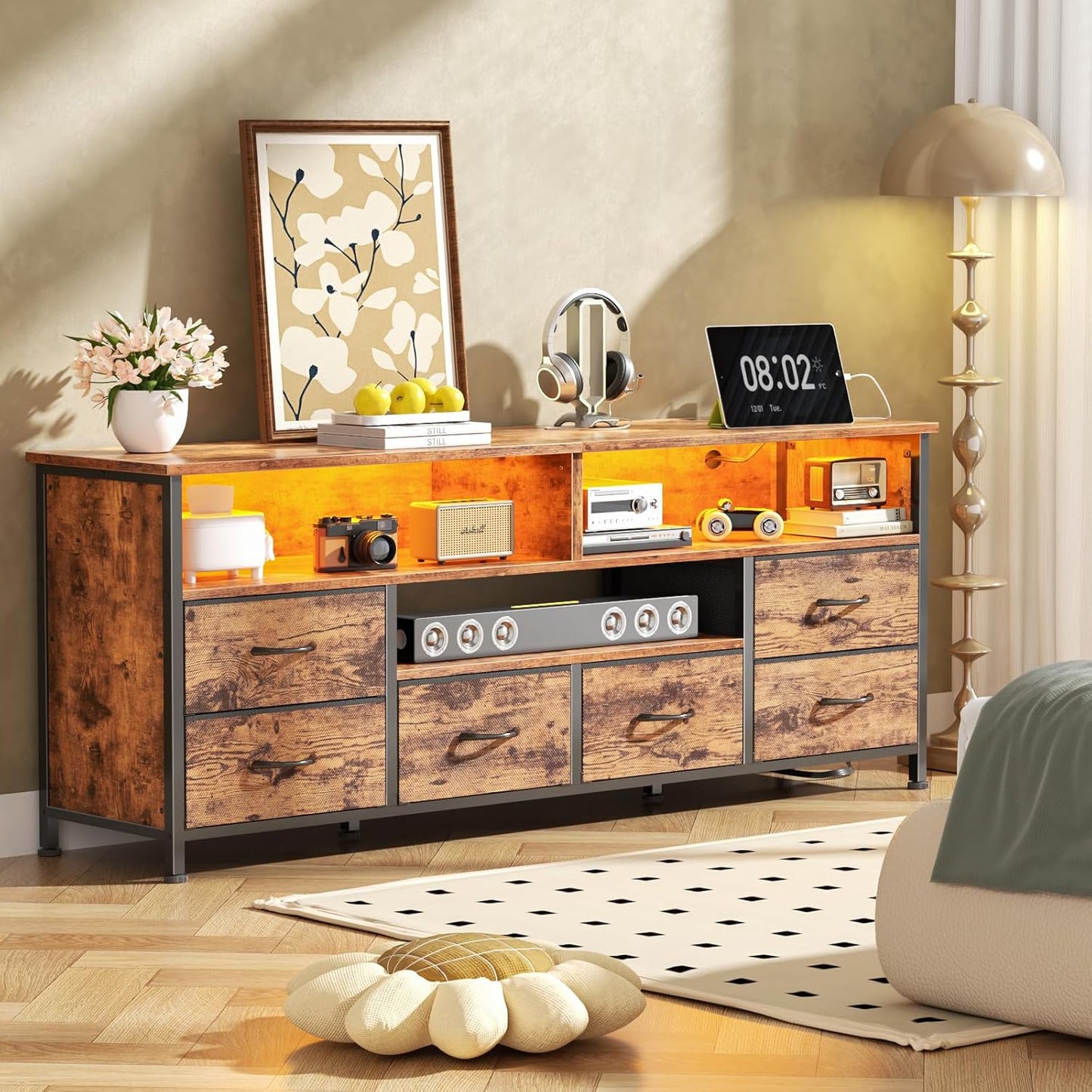 Furologee 55" LED TV Stand for Bedroom with Power Outlets, Entertainment Center with 6 Fabric Drawers for 50/55/60 inch TVs, Dresser TV Stand Long Console Media Table for Living Room, Rustic Brown