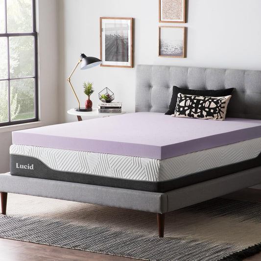 Lucid 4 Inch Lavender Infused Memory Foam Mattress Topper - Ventilated Design – Pressure Relieving Bed Topper - Mattress Pad – CertiPur Certified - California King Size