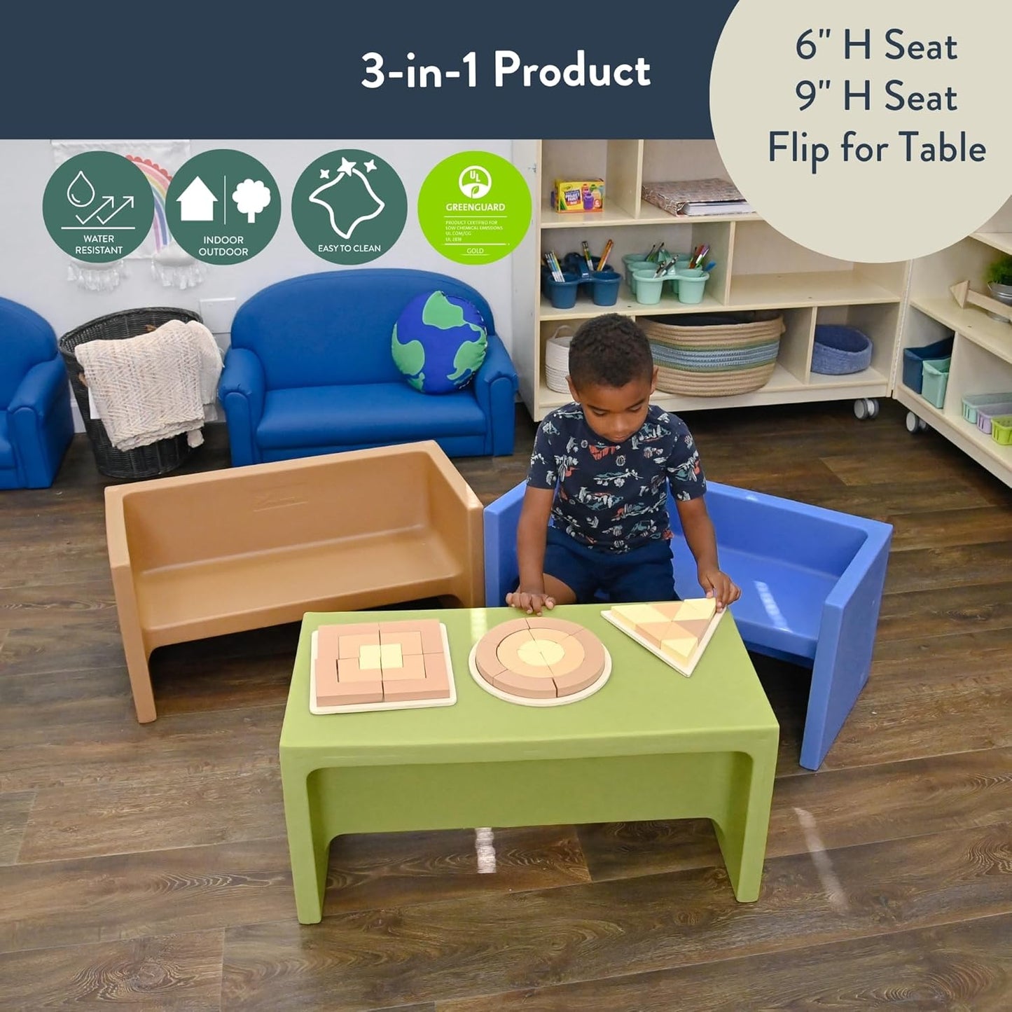 Children's Factory 3-in-1 Adapta-Benches for Kids, Flexible Seating Classroom Furniture, 3-Pack Kids Chair Set