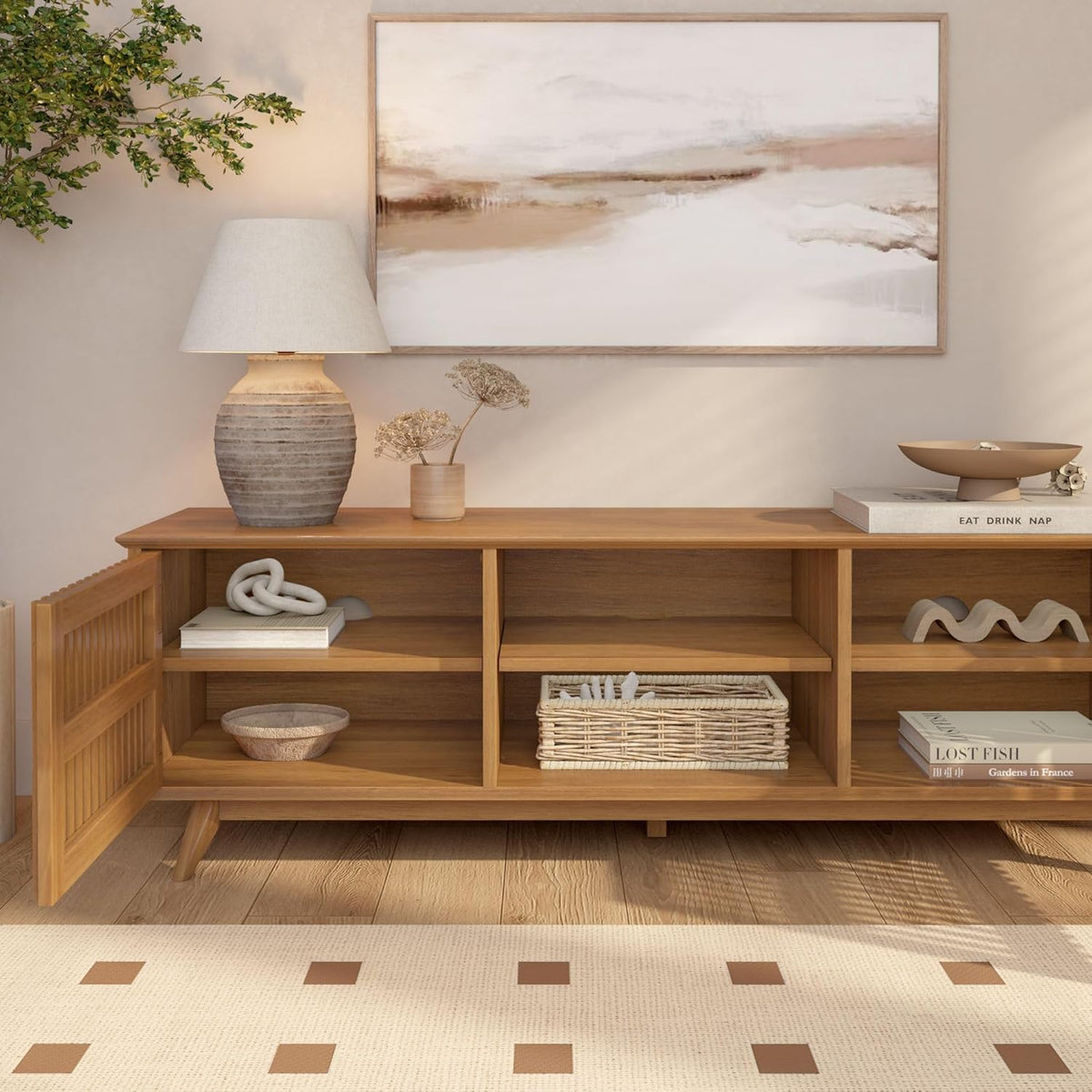 Plank+Beam Mid-Century Modern Wood TV Stand, Solid Wood Entertainment Console with Storage, 59" L x 16" W x 19" H, Pecan