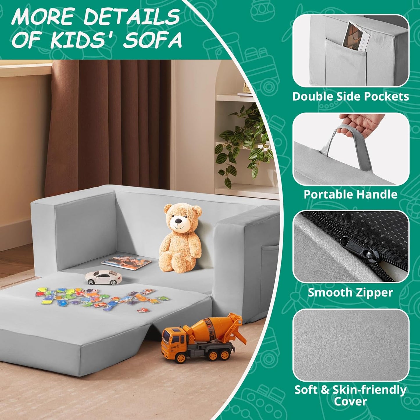 Kids Couch, 2-in-1 Toddler Chair Comfy 1-3 Years, Convertible Kids Chair, Toddler Couch That Fold Out, Kid Lounge Chairs for Boys and Girls, Soft Coral Fleece, Double, Grey