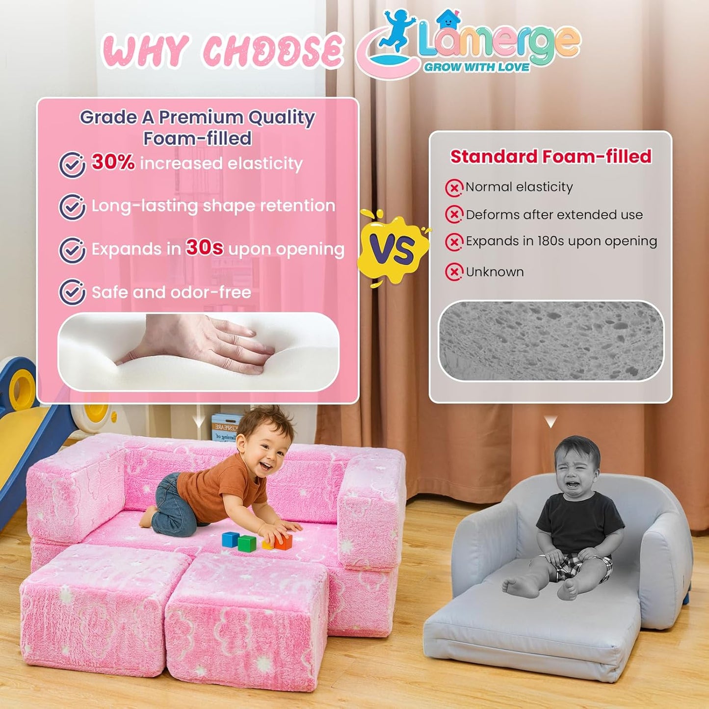 Lamerge Toddler Couch Glow in The Dark Toddler Fold Out Couch for playroom, Convertible Baby Fold Out Play Foam and Floor Cushion for Bedroom (Pink+Clouds)