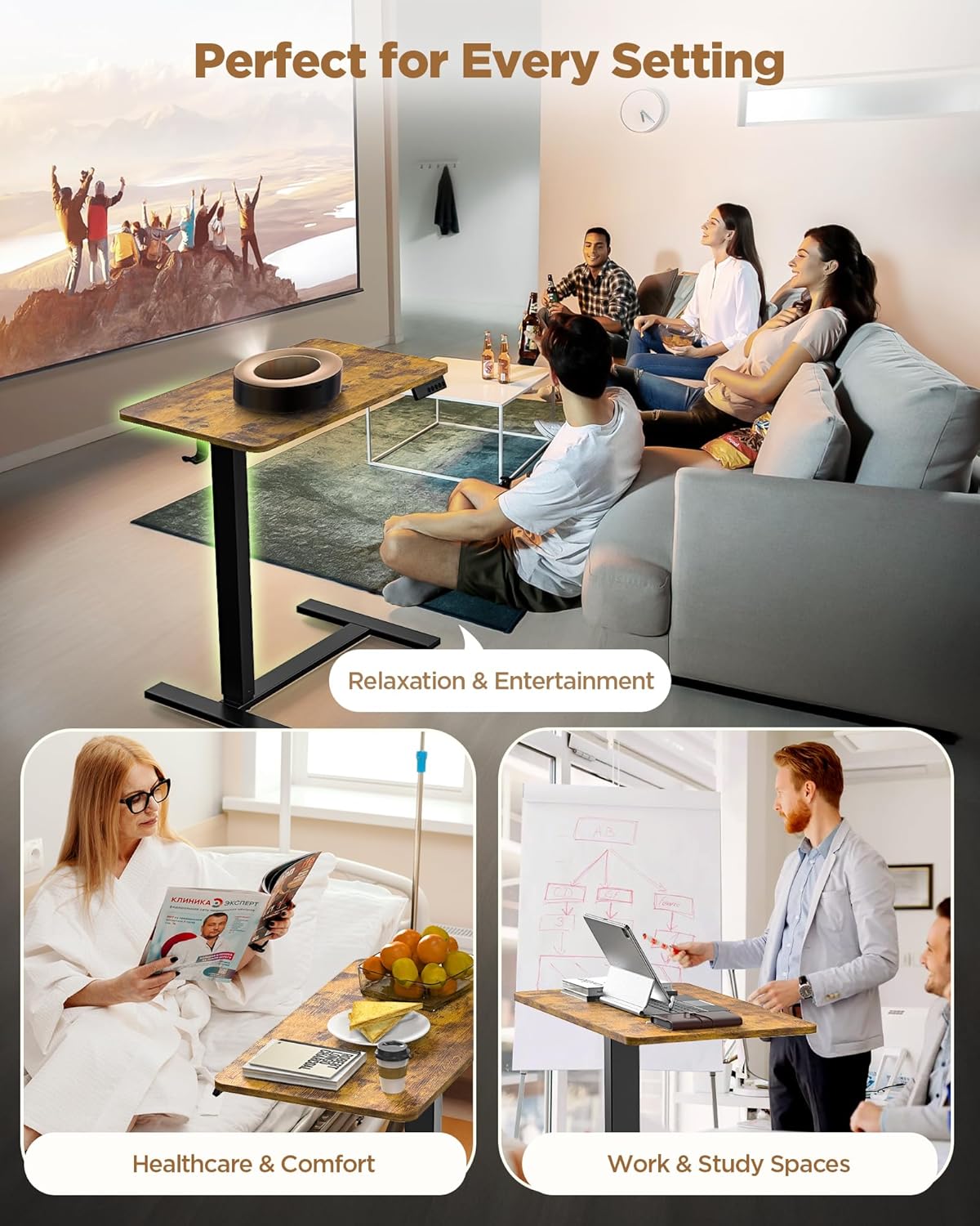 Electric Adjustable Height Standing Desk - Small Sit Stand Portable Rolling Laptop Table with Hidden Wheels, Small Computer Workstation for Bedside & Home Office Use (28"x16",Rustic Brown)