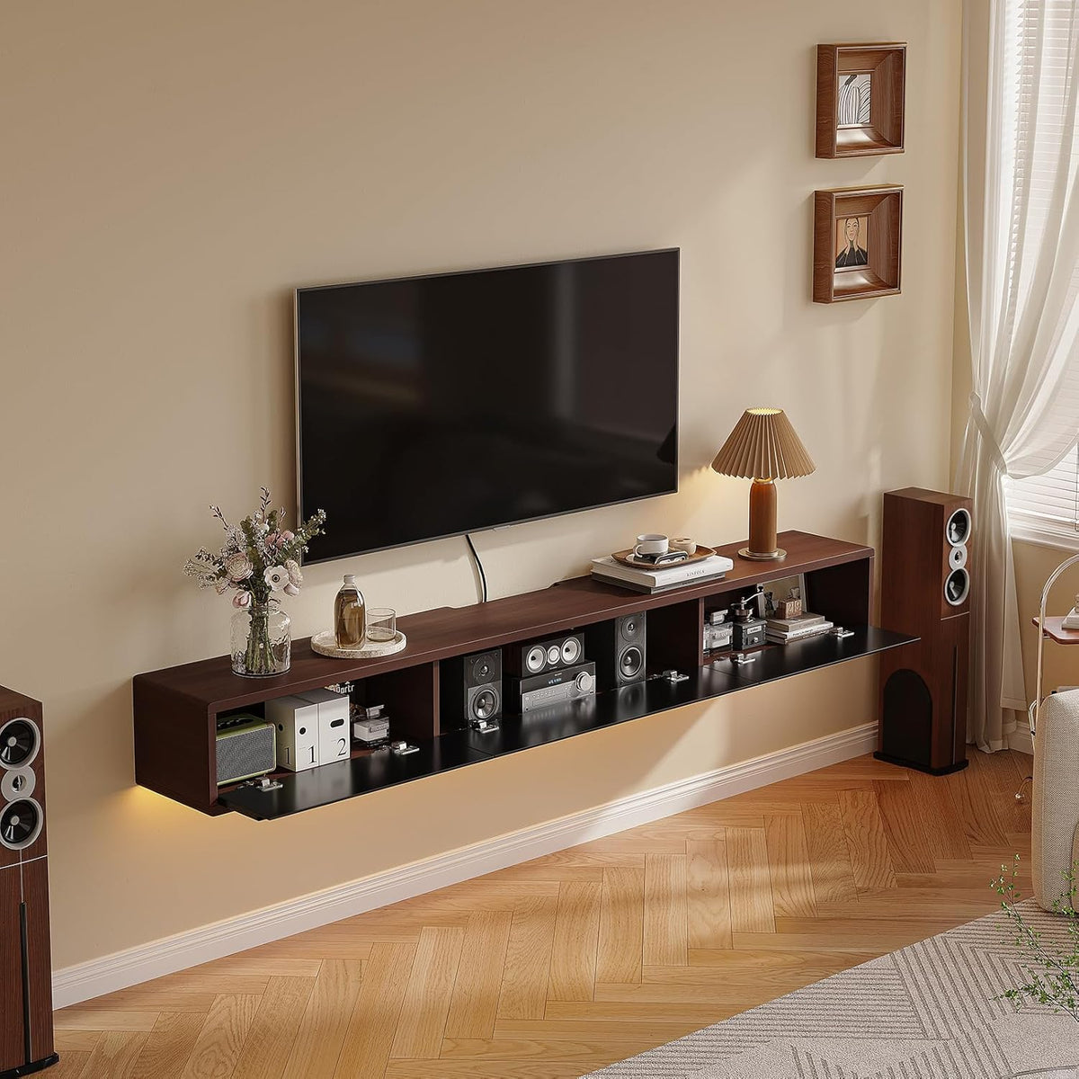 Floating TV Stand Matte Finish, 86'' Wall-Mounted TV Cabinet,Floating TV Console,Under TV Shelf with 3 Doors for Living Room Bedroom(Walnut+Black)