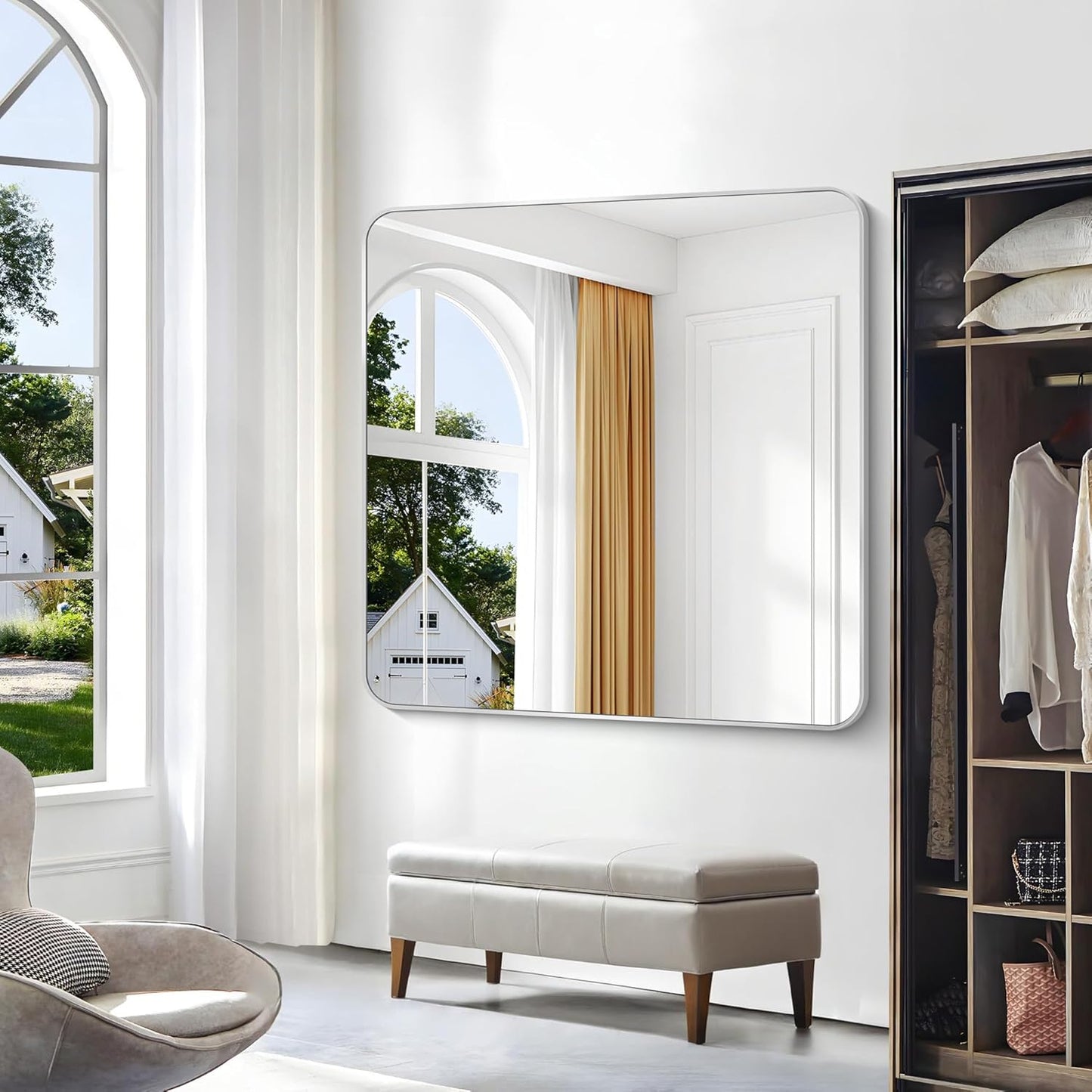 BONEWEI Silver Bathroom Mirror,48x48 inch Wall Mirror for Bathroom Wall Mounted,Rectangle Mirror for Bathroom Over Sink,Modern Frame Round Corner for Living Room,Bedroom Entryway,Horizontal/Vertical