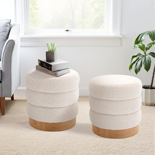 COLAMY Sherpa Ottoman Footstool, Tufted Modern Foot Rest Stool with Wood Base for Living Room, Bedroom, Desk, Round Versatile Side End Table, Pouf, Makeup Seat,2pcs,Cream