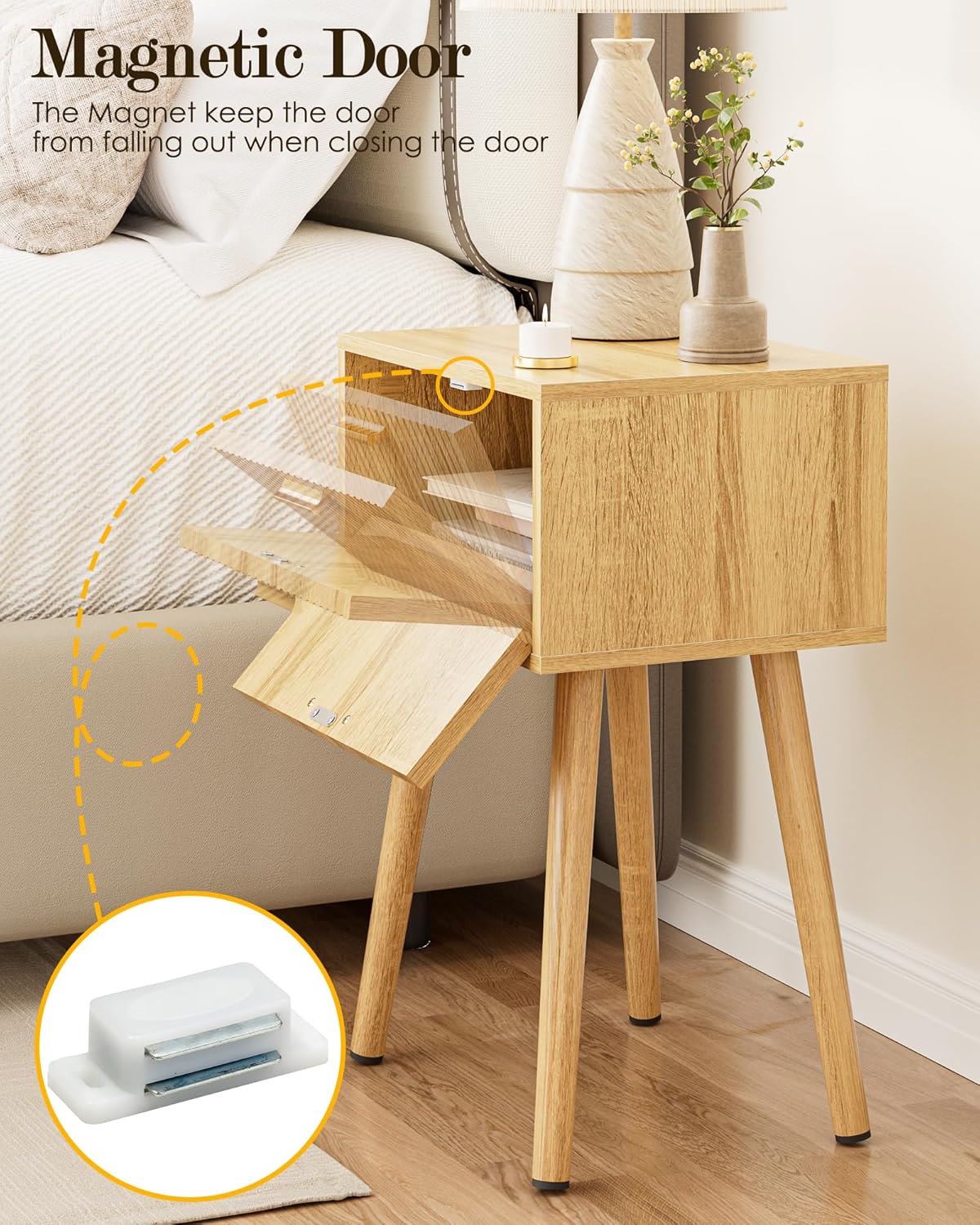 Night Stand, Oak Nightstand with Fluted Door, Small Modern Mid-Century Bedside Table for Bedroom, End Table for Living Room