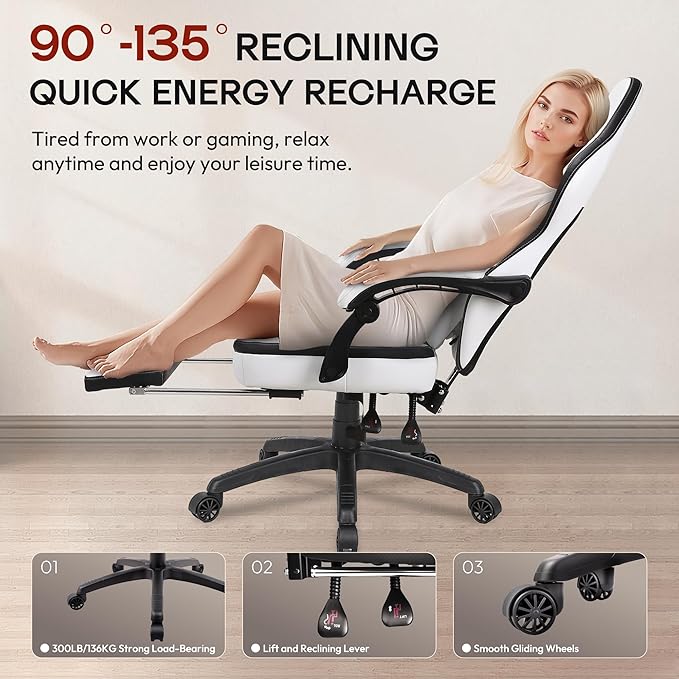 Dowinx Gaming Chair Breathable PU Leather Gamer Chair with Footrest Massage Lumbar Support, Big and Tall Ergonomic Reclining Computer Chair with Pocket Spring Cushion for Adults Teens (Black&White)