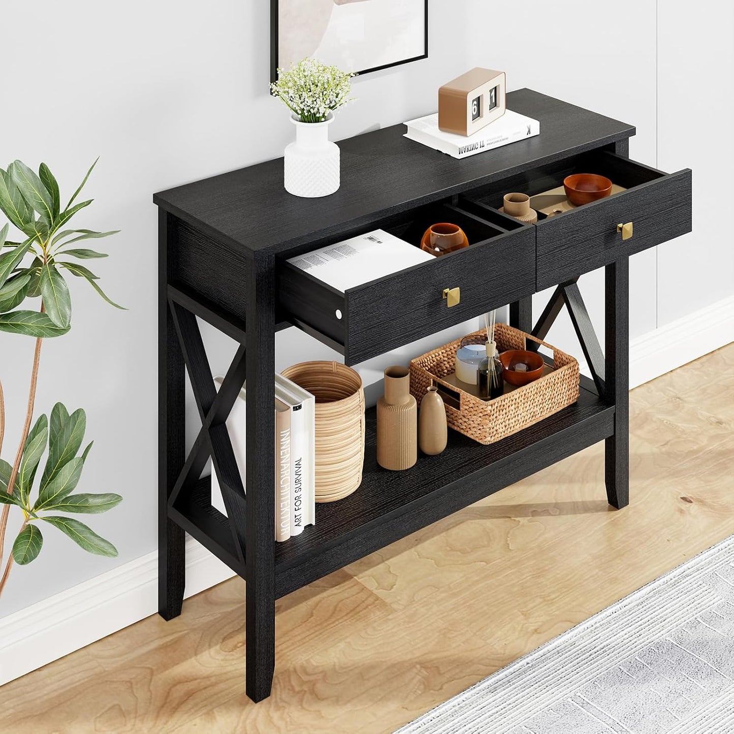 Console Table,Sofa Table 13.8" D x 39.37" W x 31.5" HEntryway Table with 2 Drawers Storage Shelve Foyer Table for Entryway Farmhouse Hallway Tables (Black)