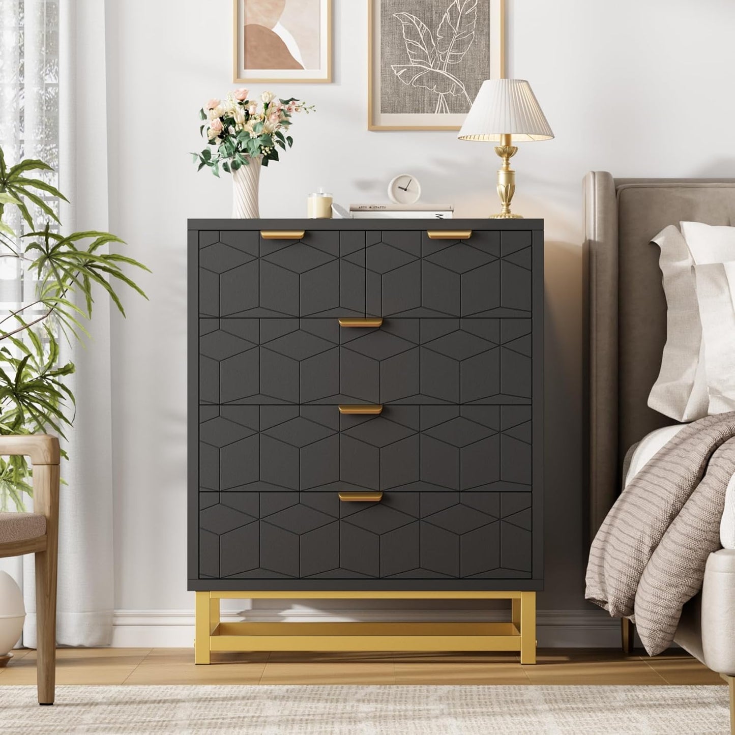 GAOMON Black 5 Drawer Dresser for Bedroom, Chest of Drawers with Metal Base, Modern Dresser Chest Cabinet Organizer for Living Room, Hallway, Closet