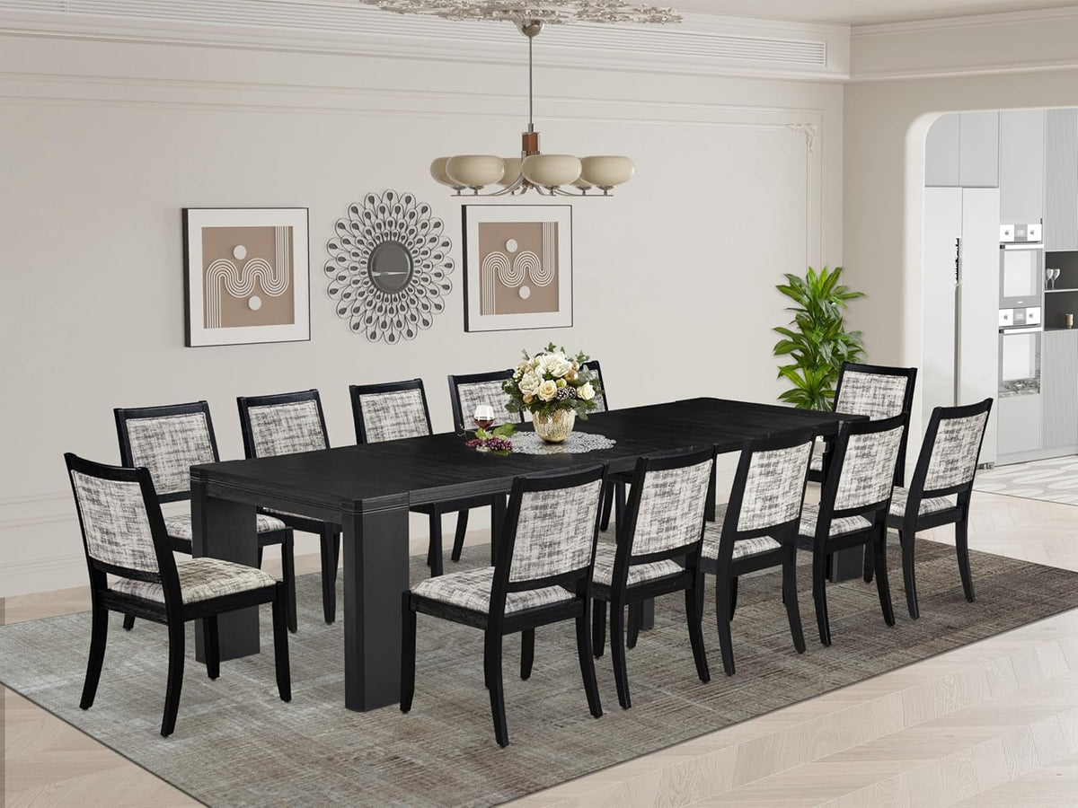 X12X2-006-30 - 13-piece Dining Room Table Set a Rectangular Kitchen Table and 12 Wire Brushed Black Polyester Fabric Stackable Chair, 39x120 Inch, Wire Brushed Black