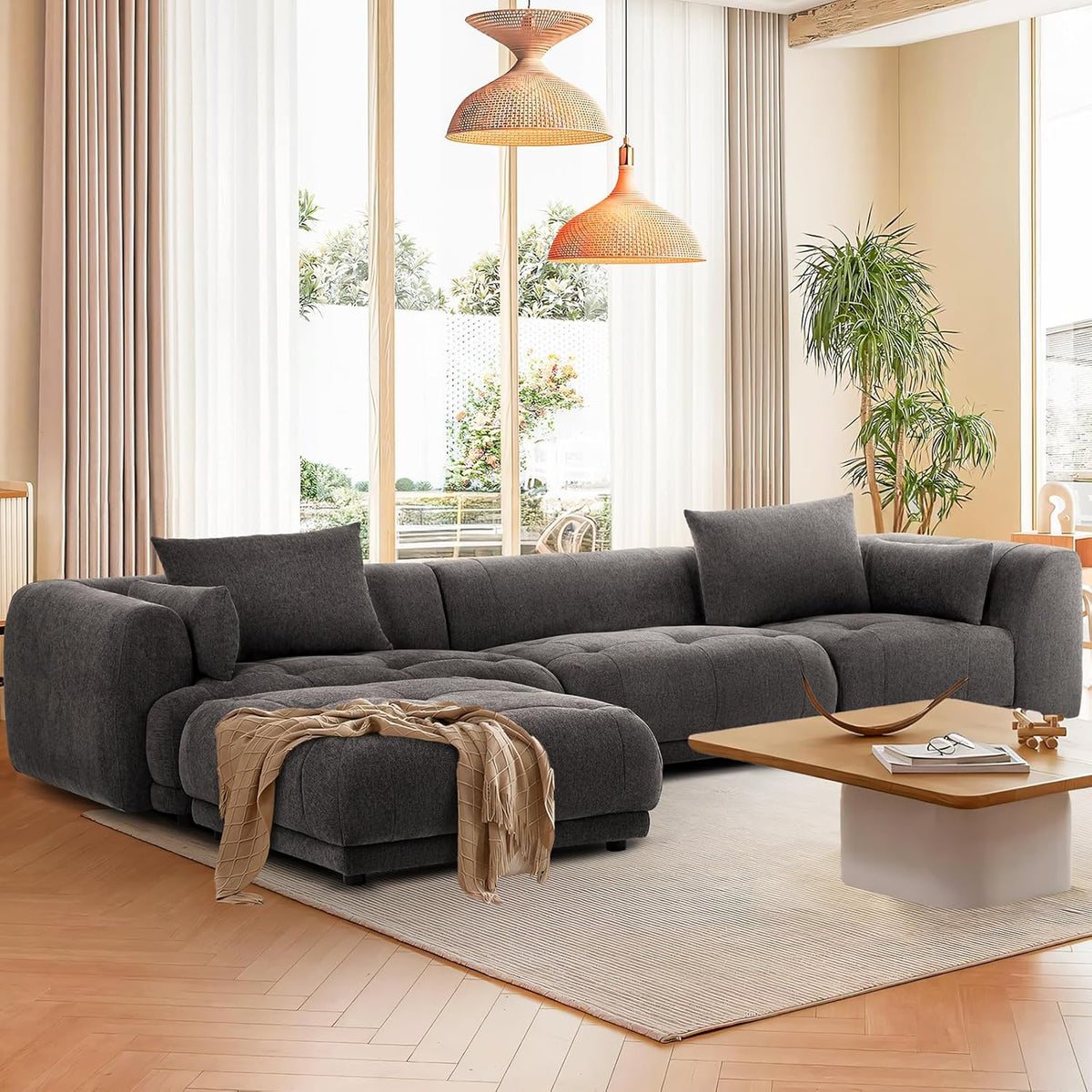 COLAMY 144" Modular Sectional Chenille Couch with Ottoman, Cloud Sectional Sofa Set with Ottoman,for Living Room(Gray)