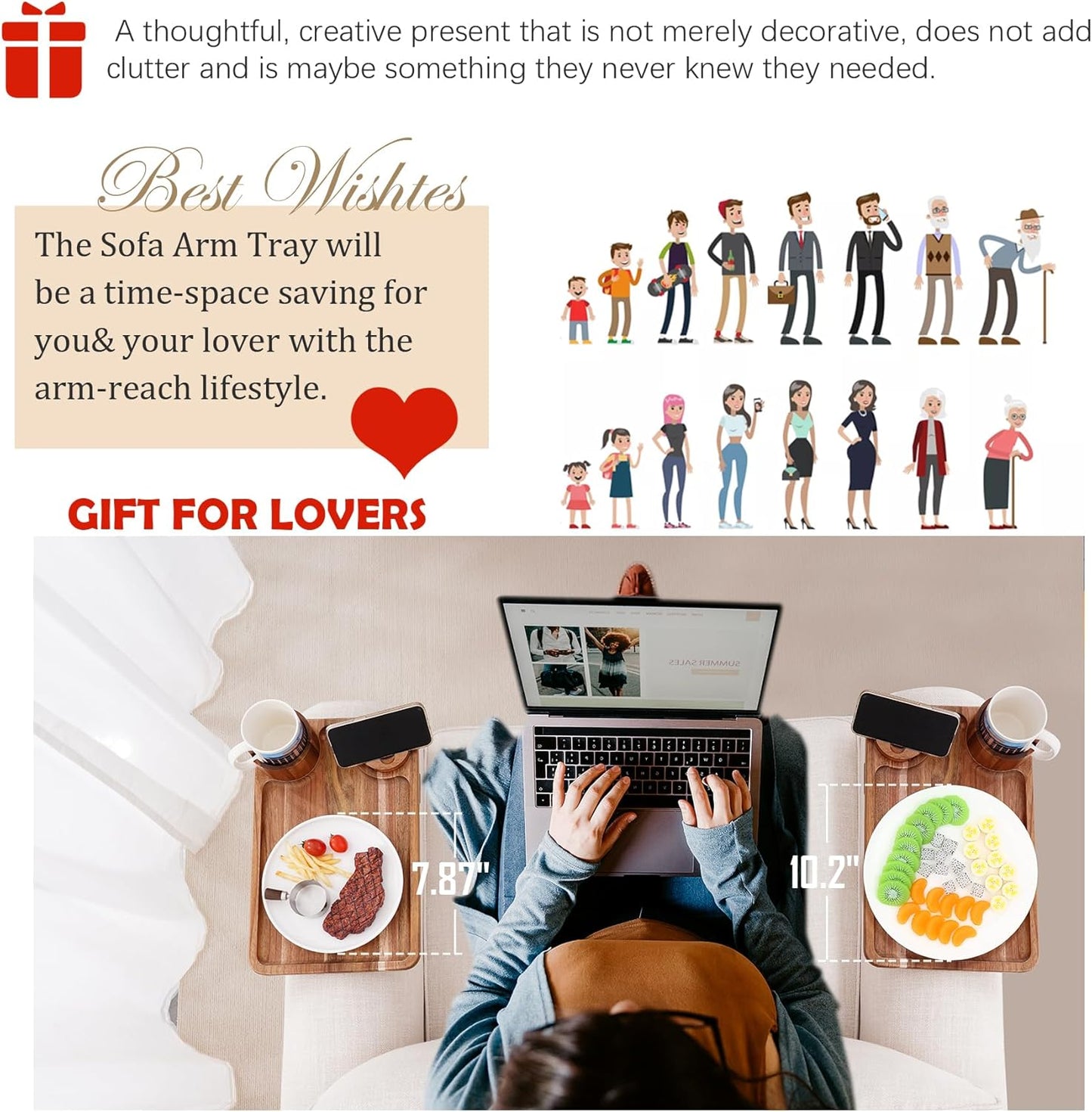 Nnewvante Couch Cup Holder Tray, 3 in 1 Large 15.36"x9.85" Acacia Wood Sofa Arm Clip on Tray Table with 360°Rotated Phone Holder on Armrest