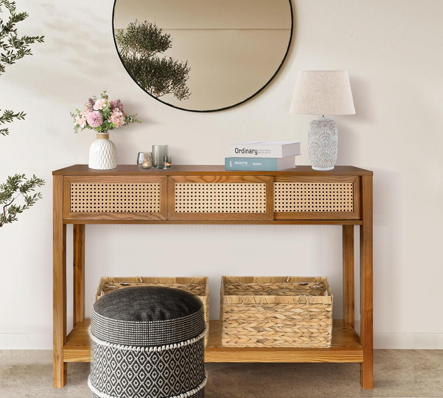 ZYBT Long Console Table, Rattan Entry Table, Console Tables for Entryway, Narrow Wood Console Table with Storage, Rustic Couch Table Hallway Table Brown Boho Sofa Table for Living Room