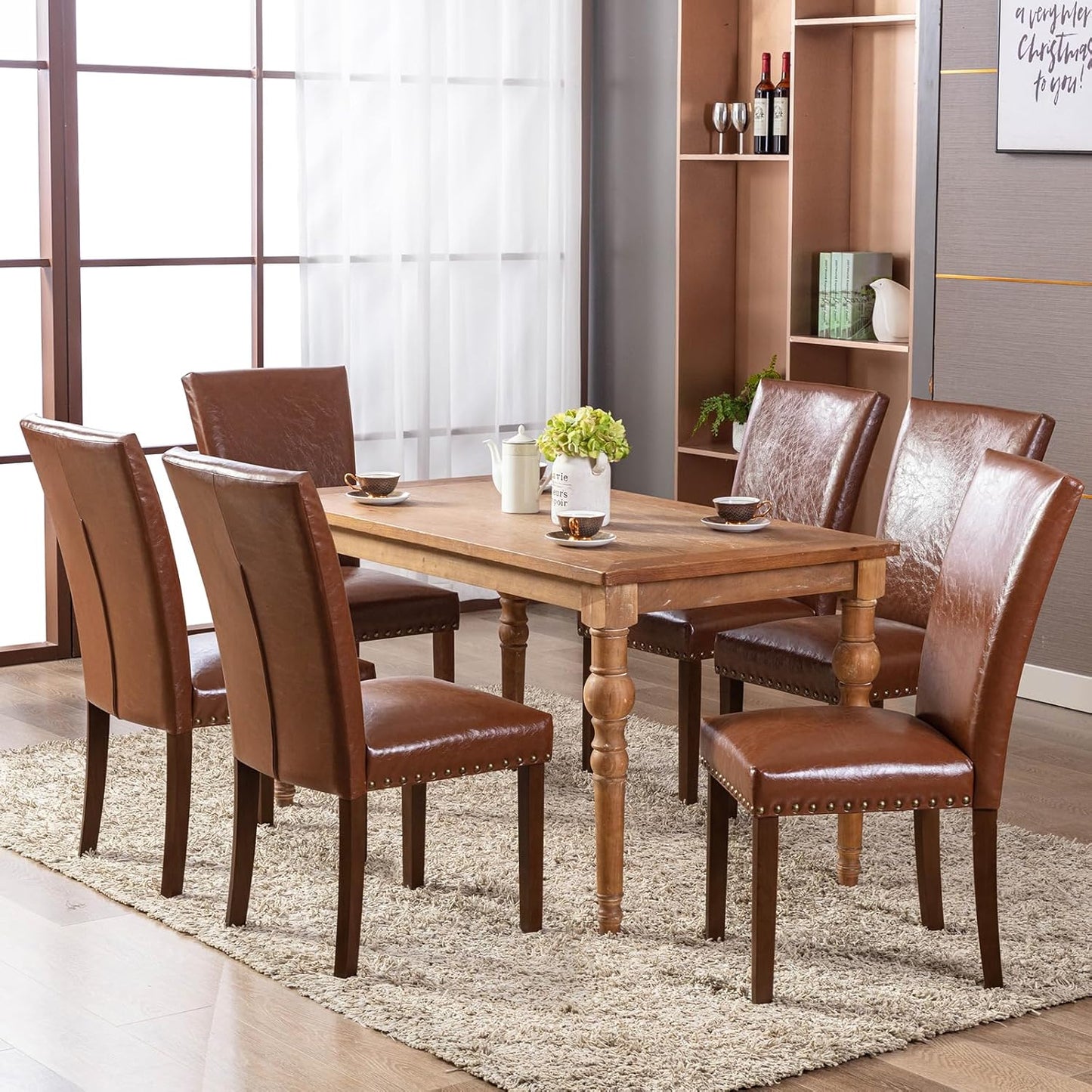COLAMY Upholstered Parsons Dining Chairs Set of 2, PU Leather Dining Room Kitchen Side Chair with Nailhead Trim and Wood Legs - Light Brown
