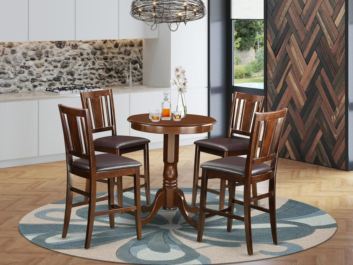 East West Furniture EDBU5-MAH-LC 5 Piece Counter Height Pub Set Includes a Round Dining Table with Pedestal and 4 Faux Leather Upholstered Kitchen Chairs, 30x30 Inch, Mahogany