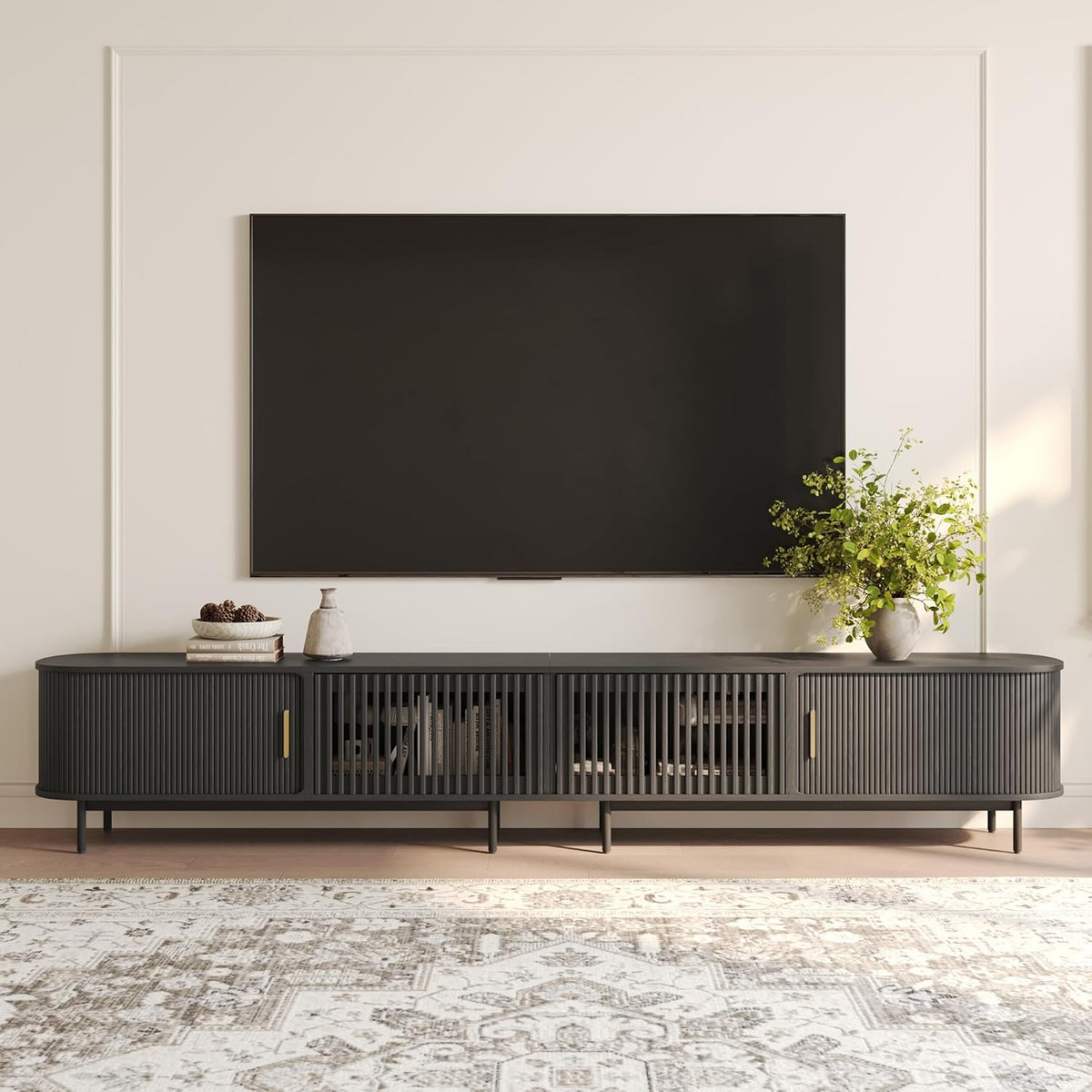 POVISON Sliding Tambour Door TV Stand, Mid Century Modern TV Console, Wood Media Console, Entertainment Center with Storage Cabinet, Fully-Assembled (Black, 118.11")