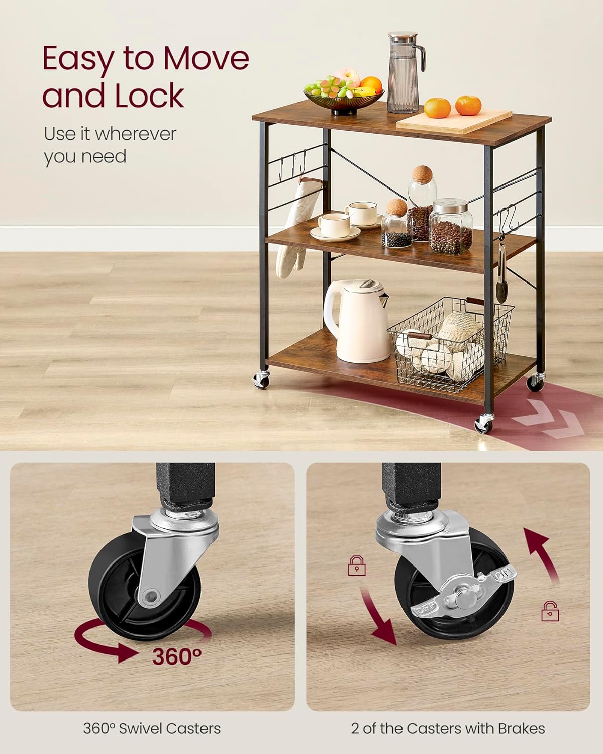 VASAGLE Kitchen Shelf on Wheels, Serving Cart with 3 Shelves, Kitchen Cart, Microwave Shelf, for Mini Oven, Toaster, with 6 Hooks, Industrial Style, Rustic Brown and Black UKKS067K01