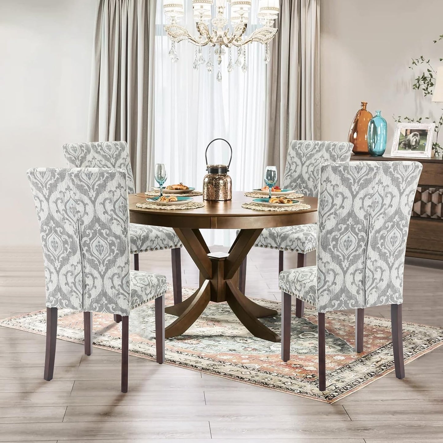 Parsons Dining Chairs Set of 2, Upholstered Nailhead Dining Room Kitchen Side Chair with Thick Cushions and Wood Legs, White/Grey