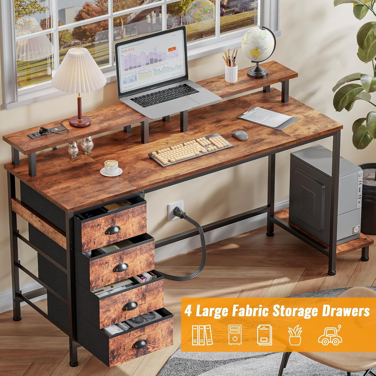Furologee 55 Inch Computer Desk Gaming with 4 Fabric Drawers with Power Outlets and LED Lights for Home Office with Full Monitor Stand and Shelf Study Table for Small Spaces Rustic Brown