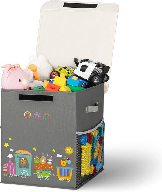 40L Large Toy Storage Box with Lid, Large Toy Box Chest for Kids, Girls and Boys, Nursery Room and Living Room, 13"x13" x16" (grey-train)