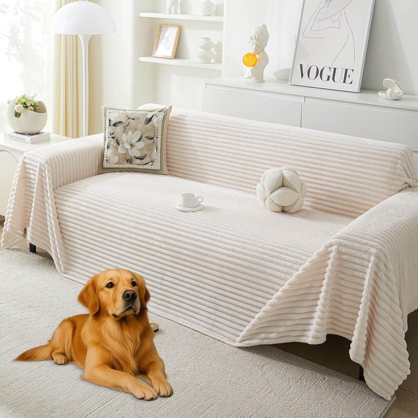 HAOMAIJIA Faux Fur Sofa Covers Couch Covers for 2 Cushion Couch Sofa Pet Friendly Soft Non Slip Couch Cover for Dogs Washable Sectional Couch Covers L Shape Furniture Protector (Off White, 91"x118")