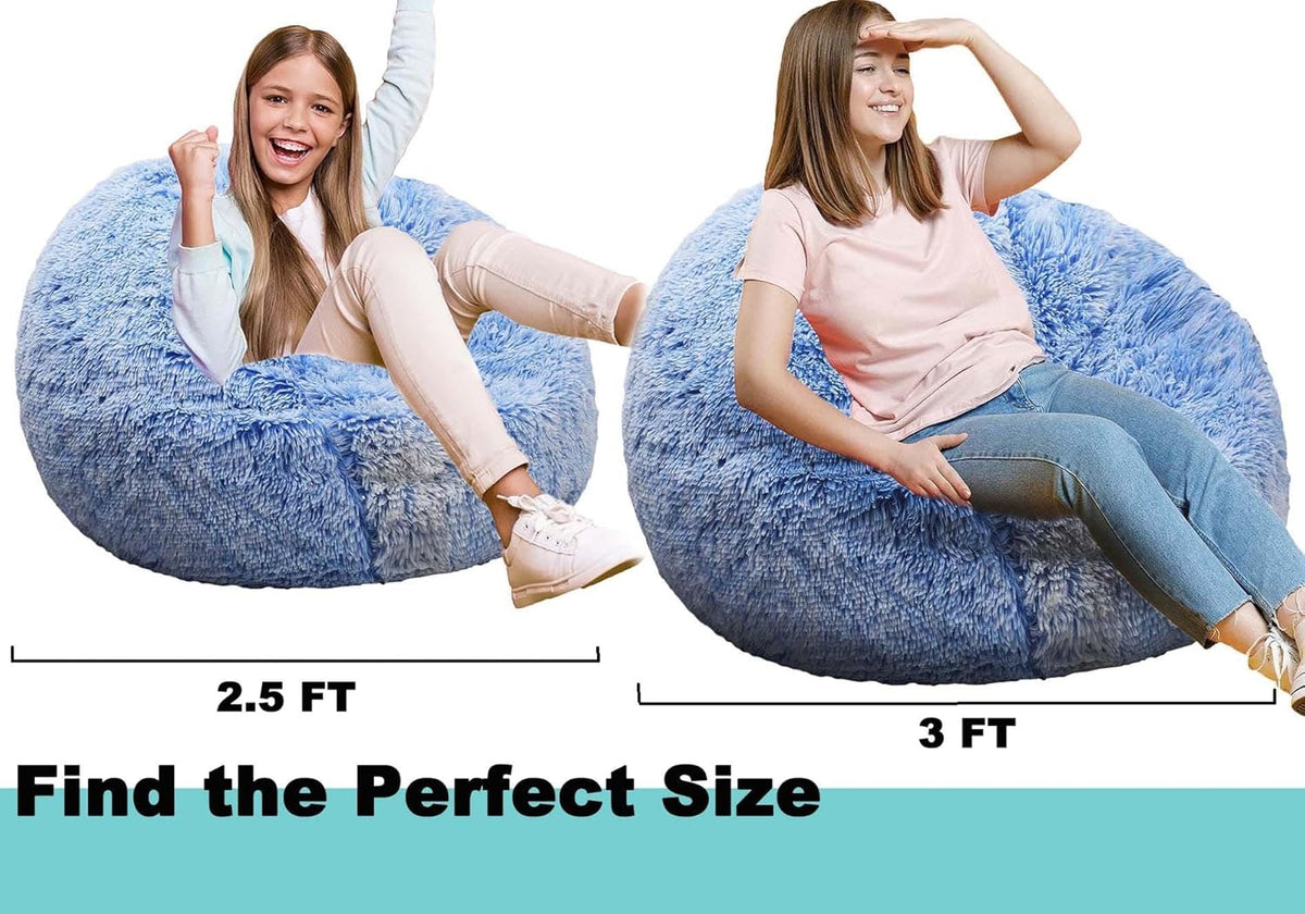 Fluffy Bean Bag Chair, 3FT Round Memory Foam Filled Bean Bag for Teens & Kids, Ultra Soft Faux Fur Fabric Bean Bag Chairs for Playroom, Living Room, Bedroom, Blue