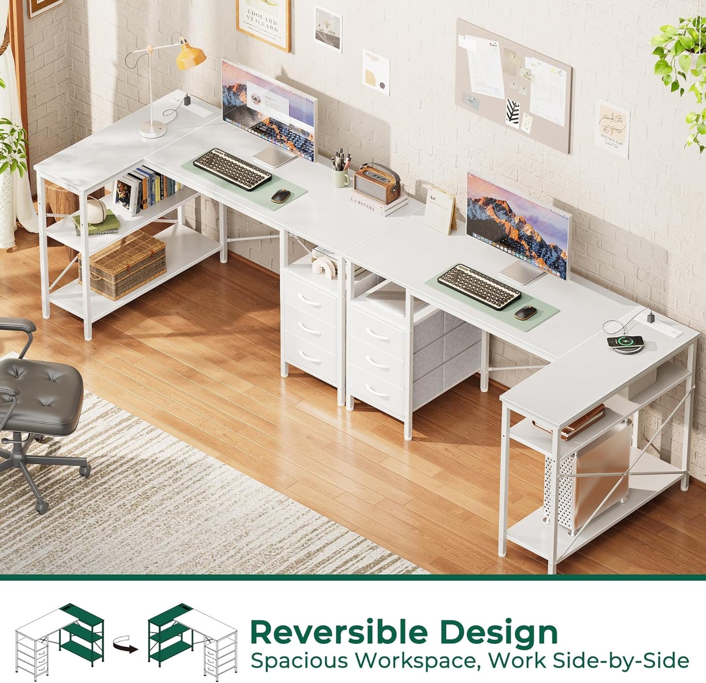 Huuger L Shaped Office Desk with Power Outlets, 47 Inch Computer Desk with 3 Drawers, Shelves, for Gaming, Corner Work, Home Office, Study, White