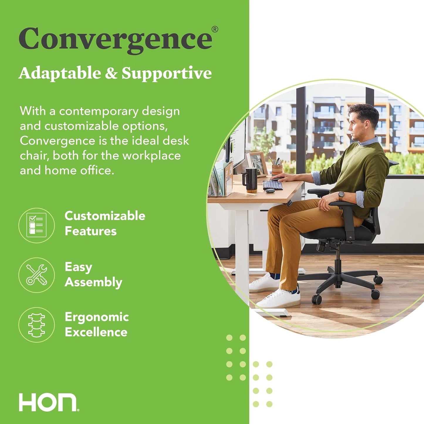 HON Convergence Ergonomic Office Chair, Breathable Back Support Mesh, Adjustable Arms, Computer Chair with Lumbar Support, Rolling Swivel Wheels, Comfortable Synchro-Tilt Recline, Fabric, Peacock