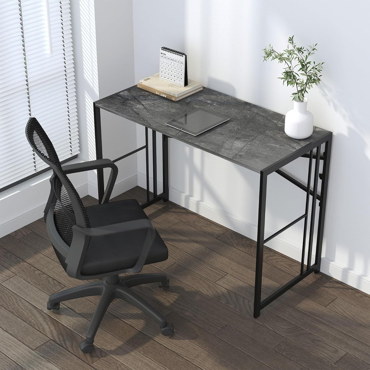 Narrow Folding Computer Desk 35 inch, Writing Gaming Computer Desk for Small Spaces, No Assembly Required Small Office Table, Grey