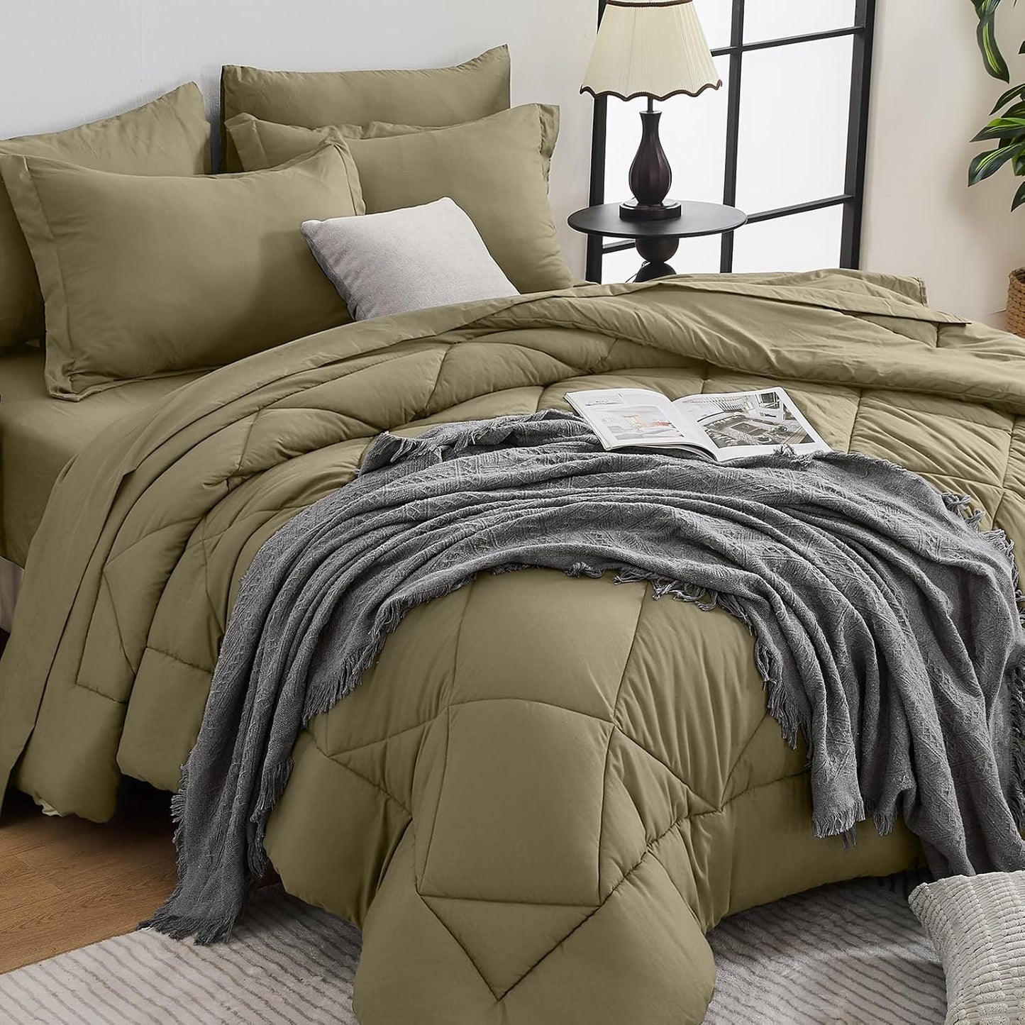 HEVUMYI Olive Green Full Comforter Set - 7-Piece All Season Bed in a Bag Full, Ultra Soft Bedding Set with Comforter, Flat Sheet, Fitted Sheet, Pillowcases, Pillow Shams, Olive Green