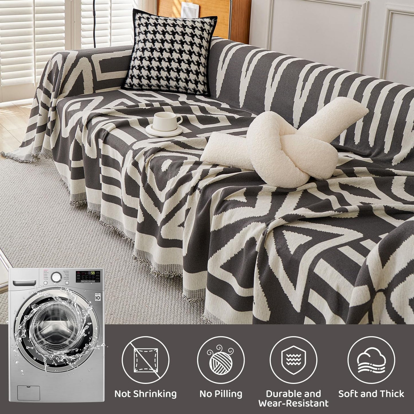 STACYPIK Thick Chenille Boho Sofa Cover Dark Grey Jacquard Geometric Sofa Cover for 1 Cushion Couch L Shape Cover Dog Sofa Protector Non Slip Pet Protector Covers Reversible Sofa Covers-71X71IN