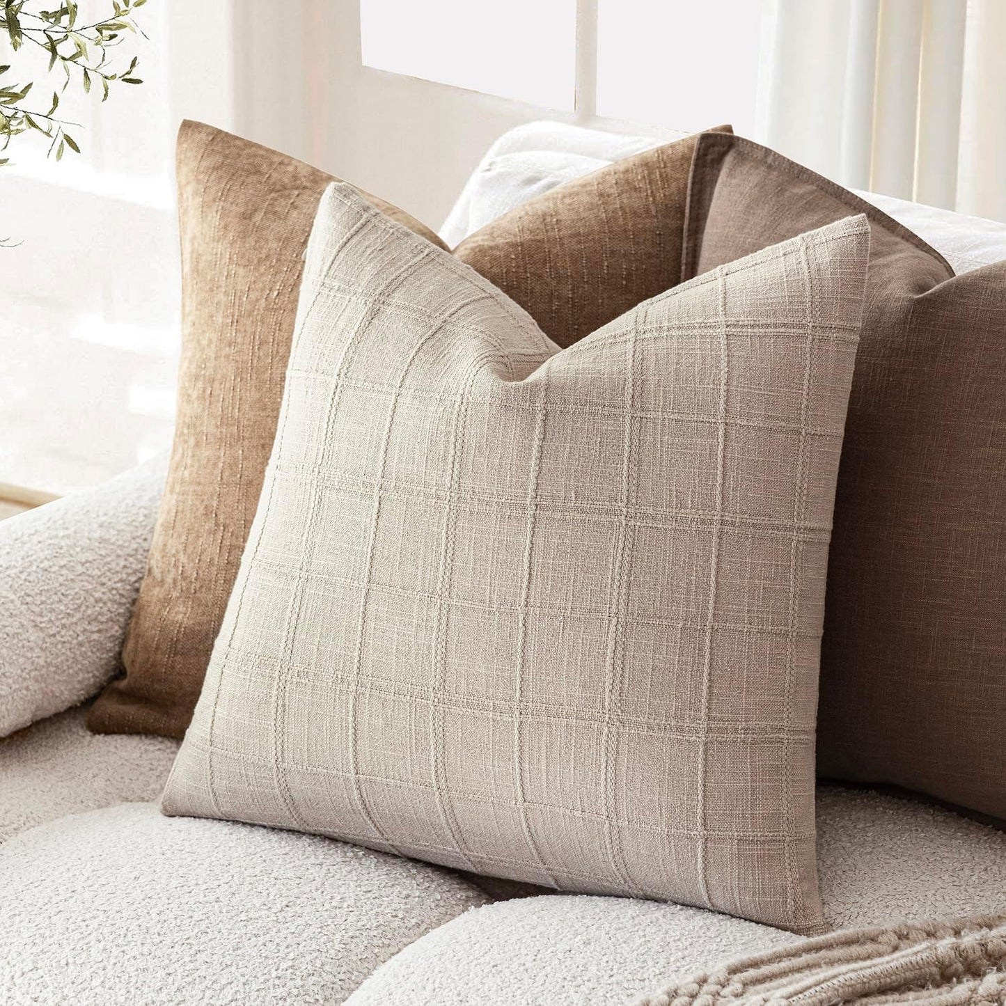 Foindtower Set of 2 Decorative Linen Check Throw Pillow Covers Neutral Farmhouse Vintage Cushion Covers Modern Boho Home Decor For Sofa Chair Couch Bedroom Living Room Outdoor,26×26 Inch,Natural Linen