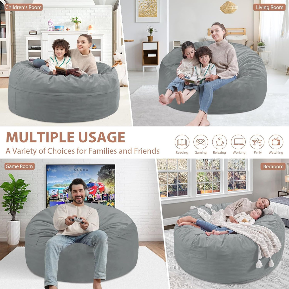 3FT Bean Bag Chair, Comfy Bean Bag Chairs with Memory Foam Filled, Fluffy Beanbag Sofa with Dutch Velvet Cover, Round BeanBag Chairs for Living Room, Playroom - Light Grey