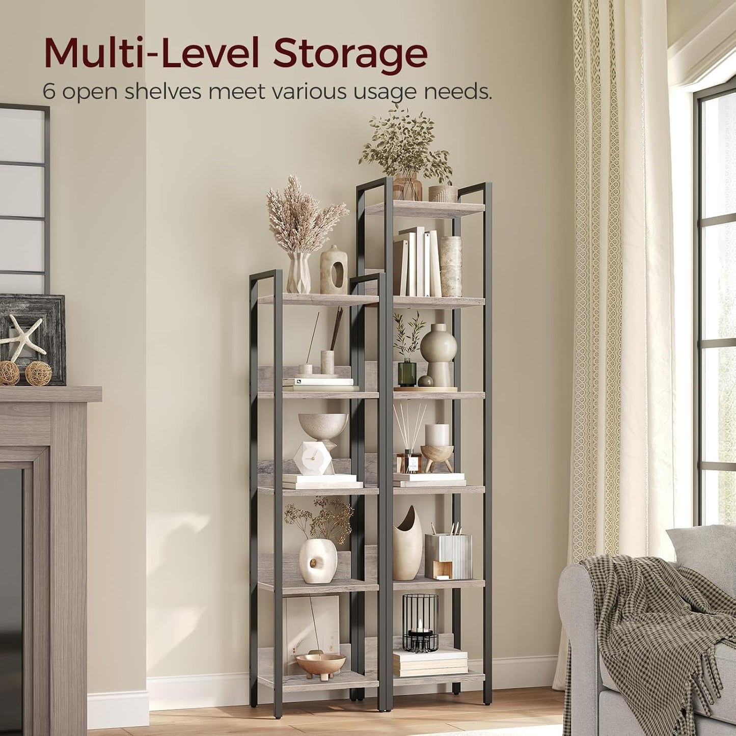 Bookshelf, 6-Tier Bookcase, Standing Book Shelf for Small Space, Storage Shelf Organizer, for Living Room, Bedroom, Study, Balcony, Greige and Black BKHG6601