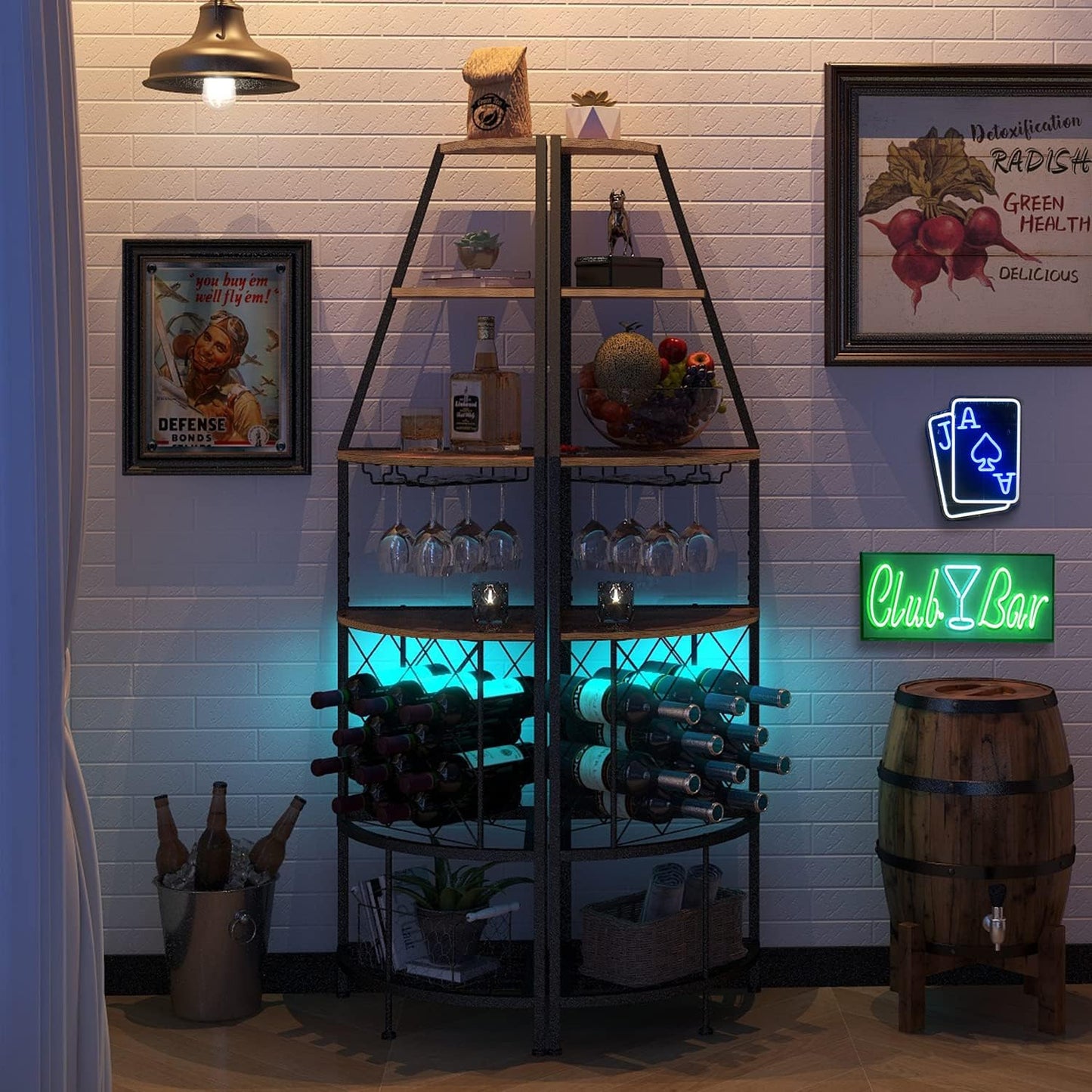 5-Tier Corner Wine Rack with LED Light Floor Standing Wine Rack with Glass Holder and Bottles Wine Storage Home Bar Furniture for Kitchen Living Dining Room (Rustic Brown)