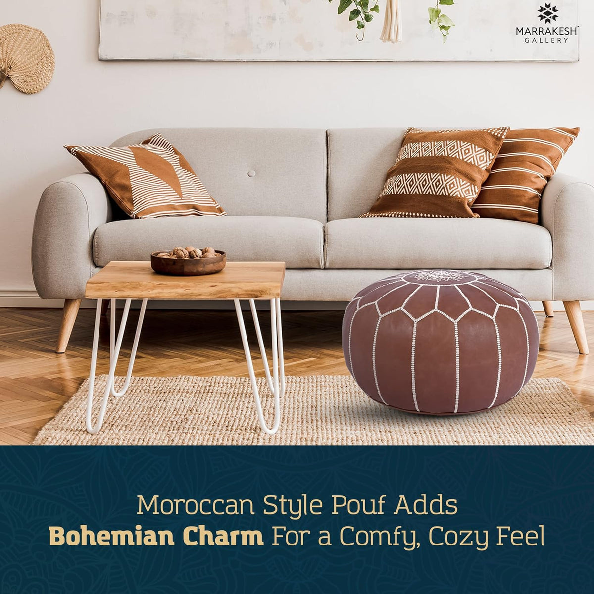 Marrakesh Gallery Genuine Leather Round Pouf Unstuffed - Moroccan Ottoman Footstool, Footrest Cover - Boho Decor - Bohemian Living Room, Bedroom, Kids Room, Gift & Wedding