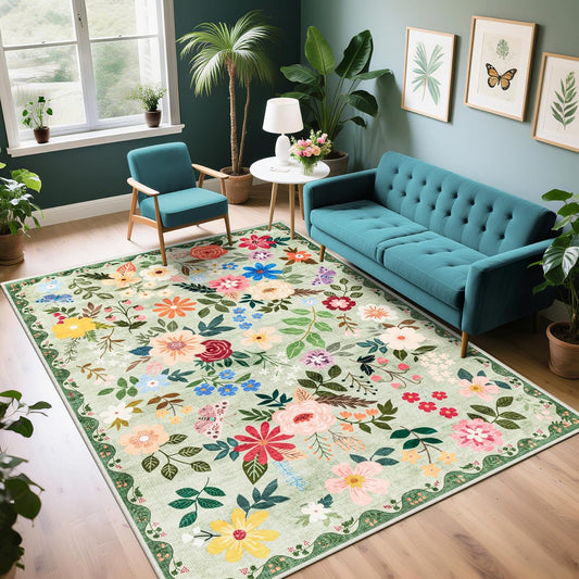 6x9 Area Rugs for Living Room: Floral Washable Rug Vintage Large Soft Boho Non-Slip Carpet Indoor Stain Resistant Thin Carpets for Bedroom Dining Room Farmhouse Nursery Hallway Home Office Green