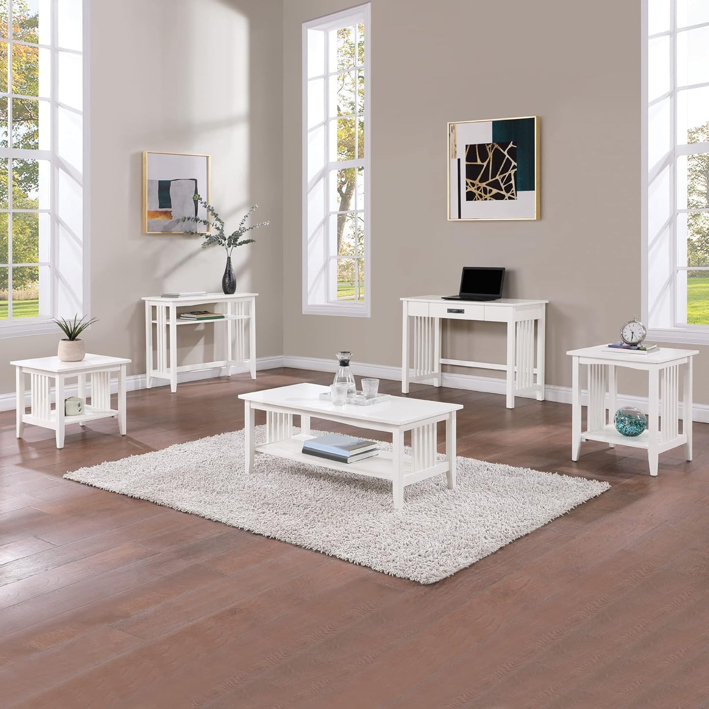 OSP Home Furnishings Sierra Side Table with Lower Storage Shelf and Mission Style Side Panels, White
