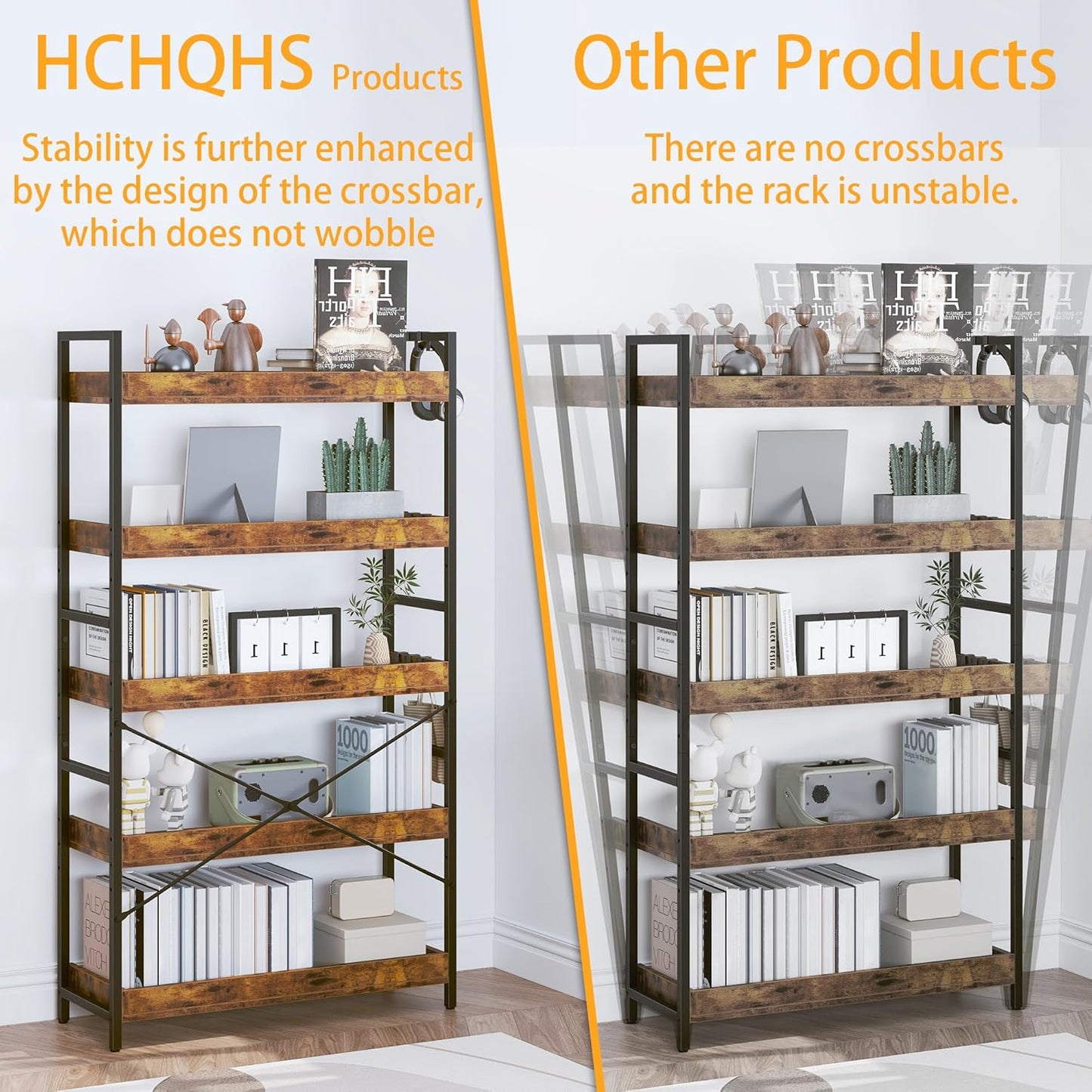 HCHQHS 5 Tier Bookshelf, Adjustable Industrial Bookcase, Vertical Tall Book Shelf, Wood and Black Metal Open Bookshelves for Home Office, Living Room, Bedroom