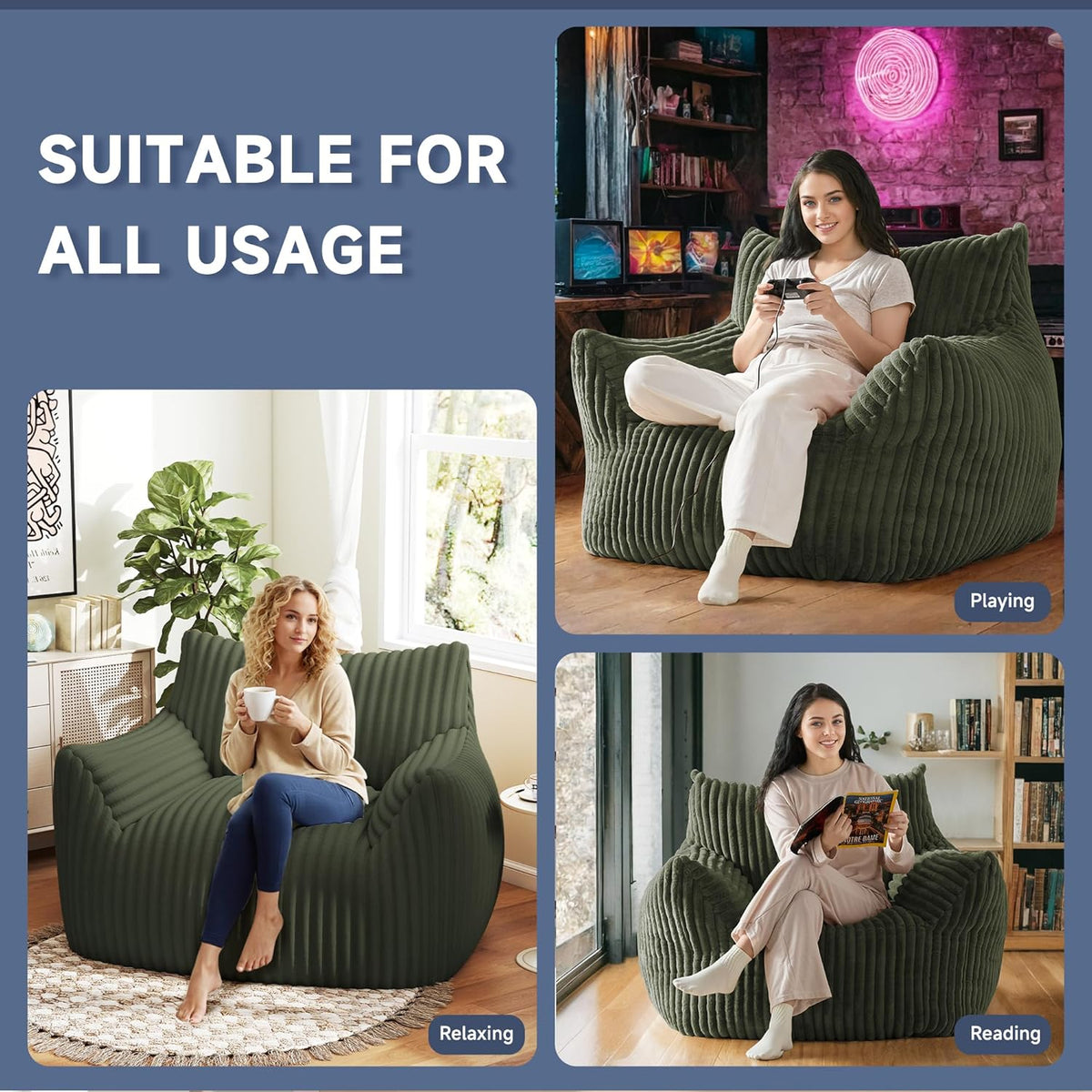Oversized Bean Bag Chair for Adults, Giant Comfy Plush Boneless Bean Bag Couch with Filler for Kids - Reading Chair for Living Room, Bedroom & Dorm, Single Accent Chair Floor Lounger, Green