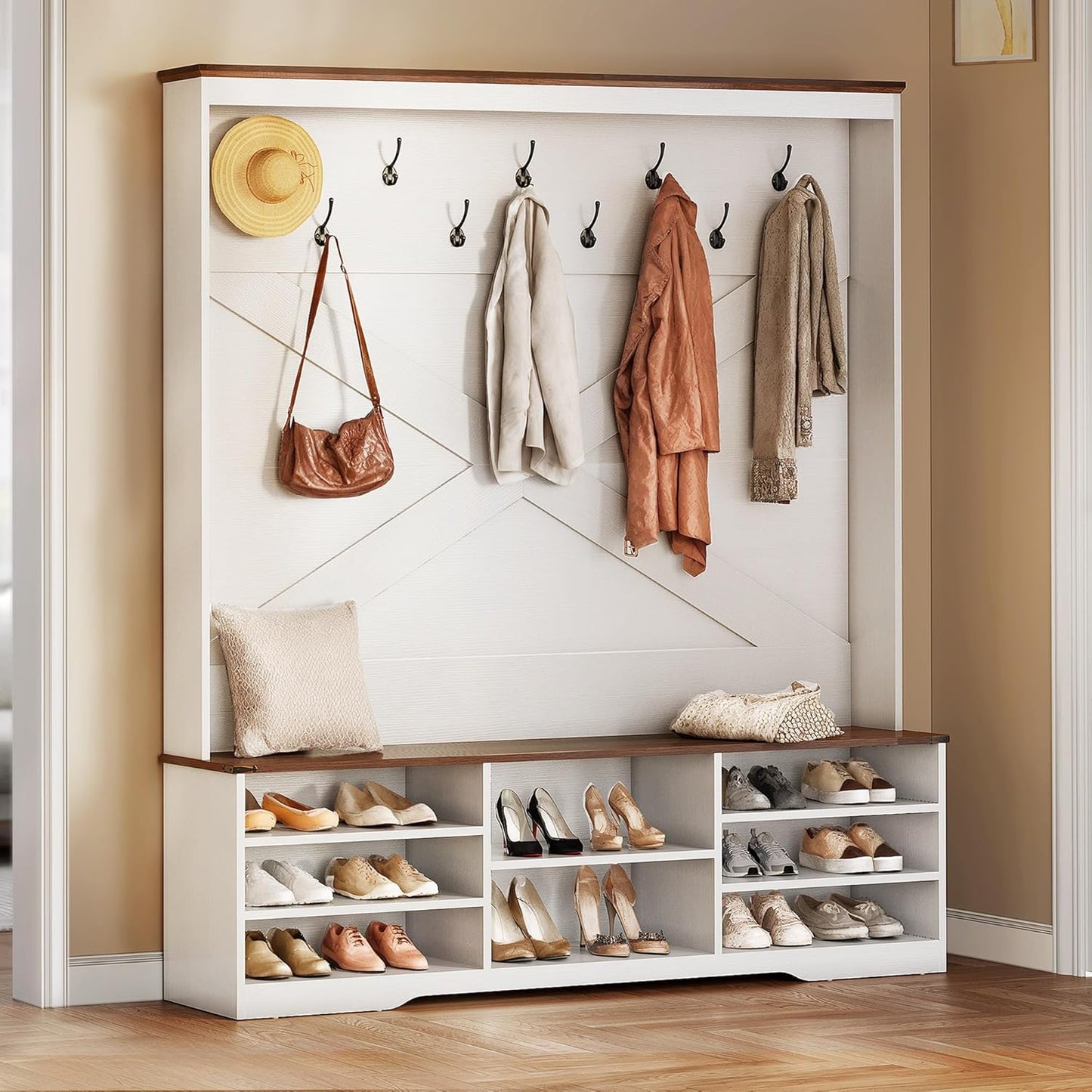 YITAHOME Hall Tree with Bench and Shoe Storage, Mudroom Storage Modern Shoe Cabinet with Bench & 9 Double Prong Hooks, for Entryway & Living Room, Walnut & Off-White