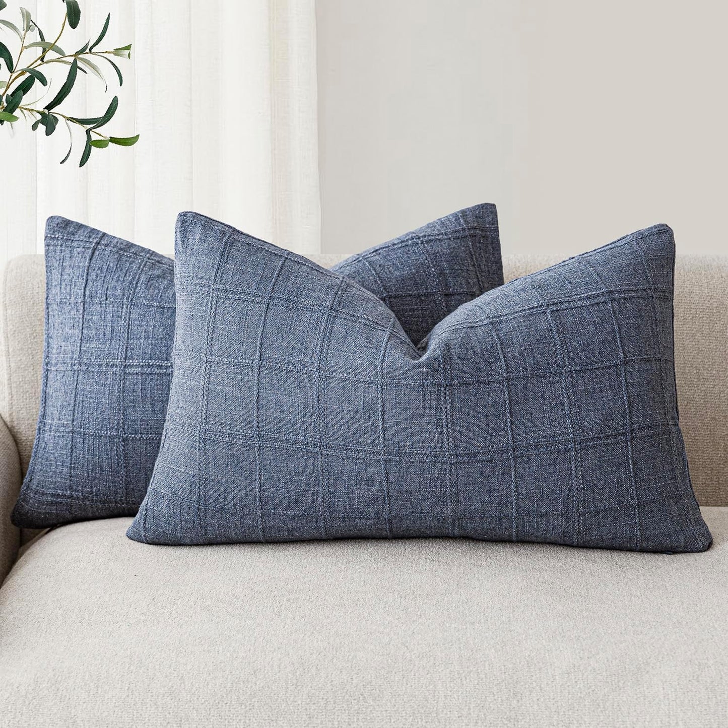 Foindtower Set of 2 Decorative Linen Check Throw Pillow Covers Neutral Farmhouse Lumbar Cushion Covers Modern Coastal Boho Home Decor for Sofa Chair Couch Bedroom Living Room Outdoor,12×20 Inch,Blue