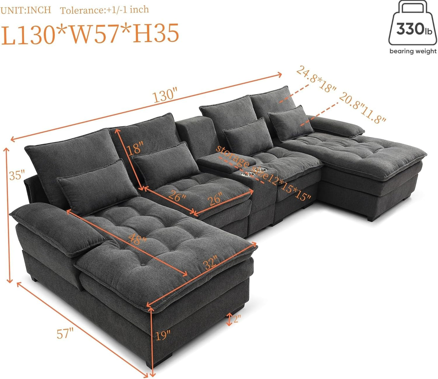 130" U-Shaped Sectional Sofa with Storage Console & Cup Holders, Upholstered 6 Seat Living Room Sleeper Couch Furniture Set w/Chaise, Cloud Cushion Couch for Home, Office, Apartment,Grey
