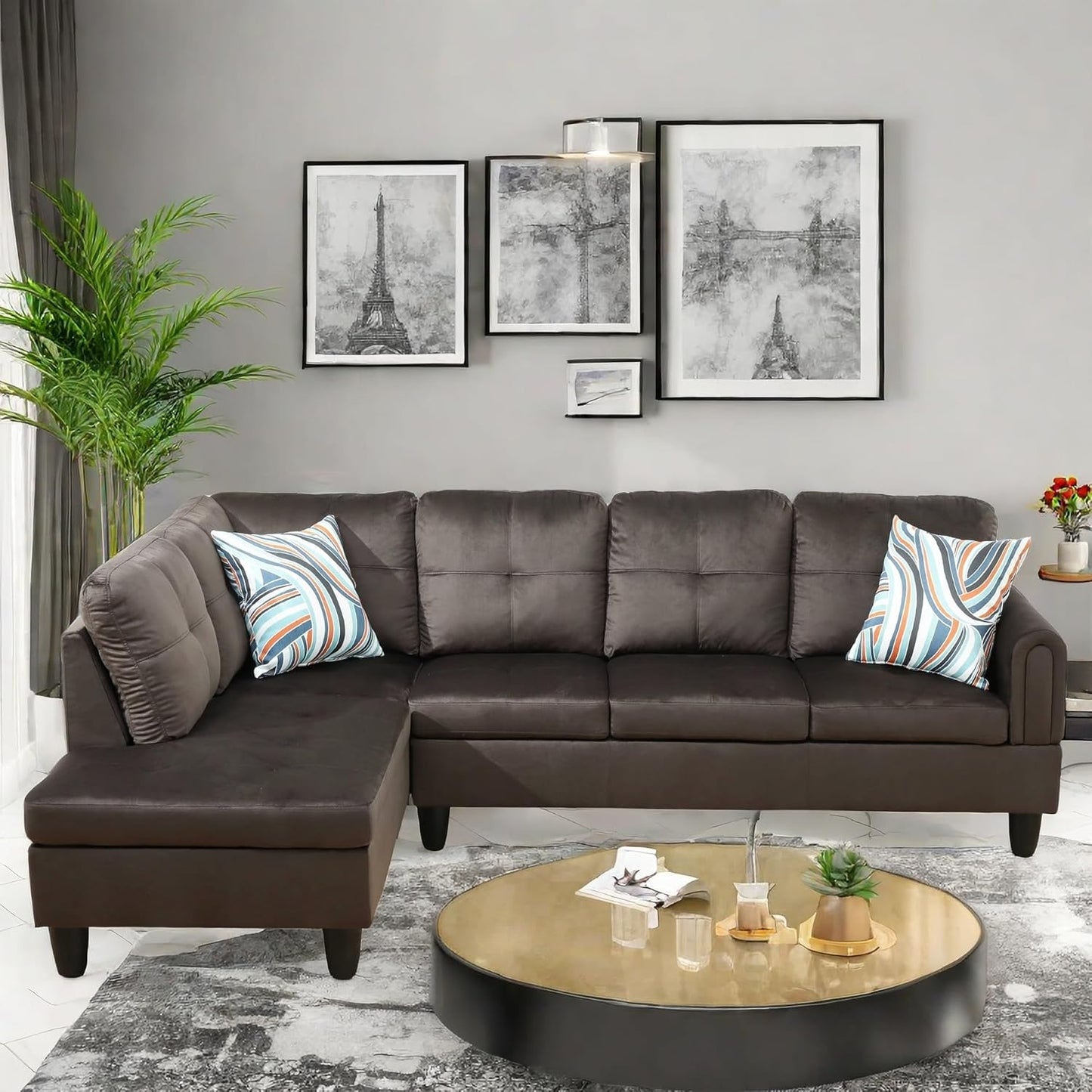 Convertible Sectional Couch, Large L Shaped Couch with Storage, Modern Modular 5-Seat Sectional Sofa with Ottomans for Living Room and Office, Dark Brown