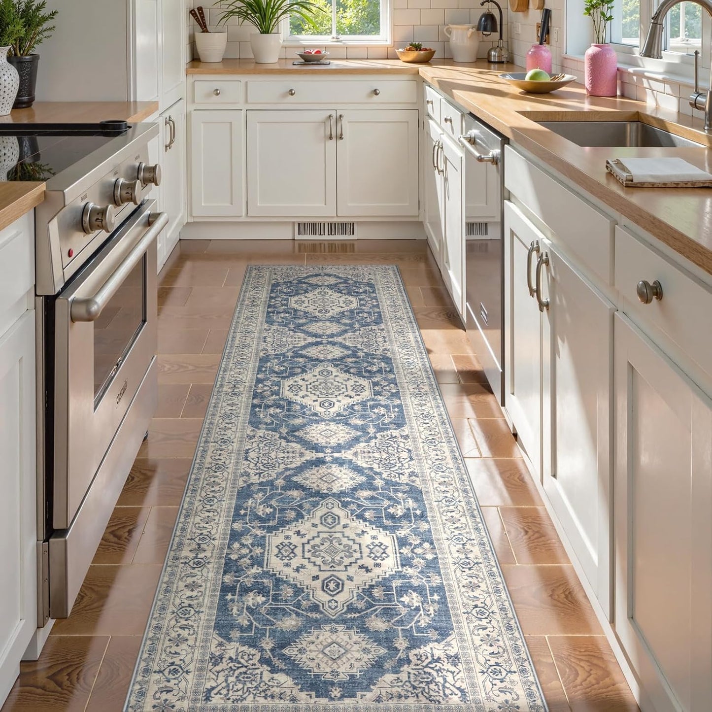 Lahome Oriental Hallway Runner Rug Non Slip, 2.5x8 Kitchen Washable Runner Soft Hallway Rug, Traditional Ultra-Thin Carpet for Bathroom Entryway ‎Laundry Room, Blue