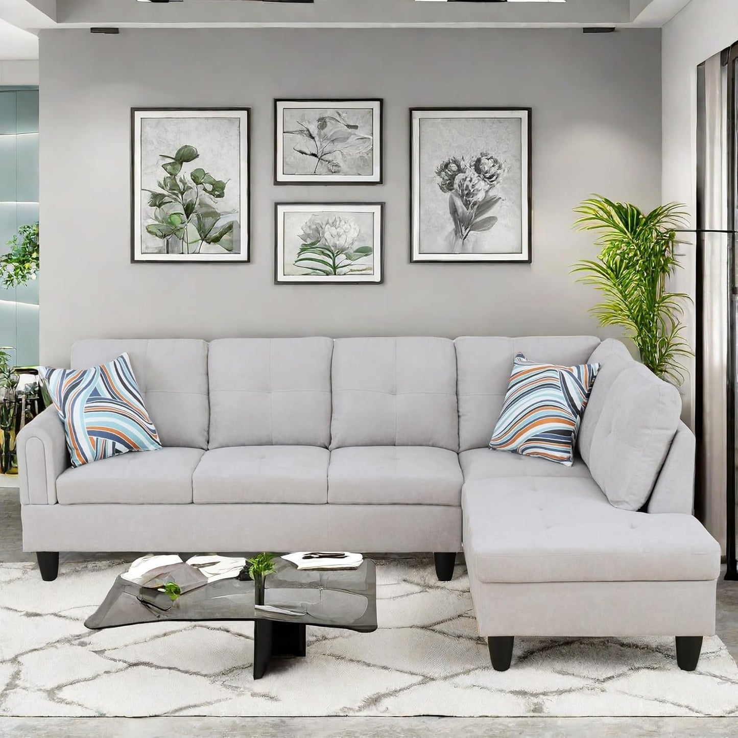 Convertible Sectional Couch, Large L Shaped Couch with Storage, Modern Modular 5-Seat Sectional Sofa with Ottomans for Living Room and Office, Light Grey