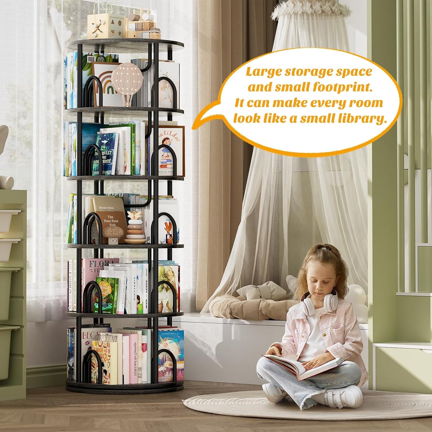 Aheaplus 5 Tier Rotating Bookshelf Tower, 360 Display Spinning Bookcase, Revolving Round Book Shelf Narrow Swivel Bookshelf, Vertical Turning Corner Book Organizer for Small Space, Black Oak